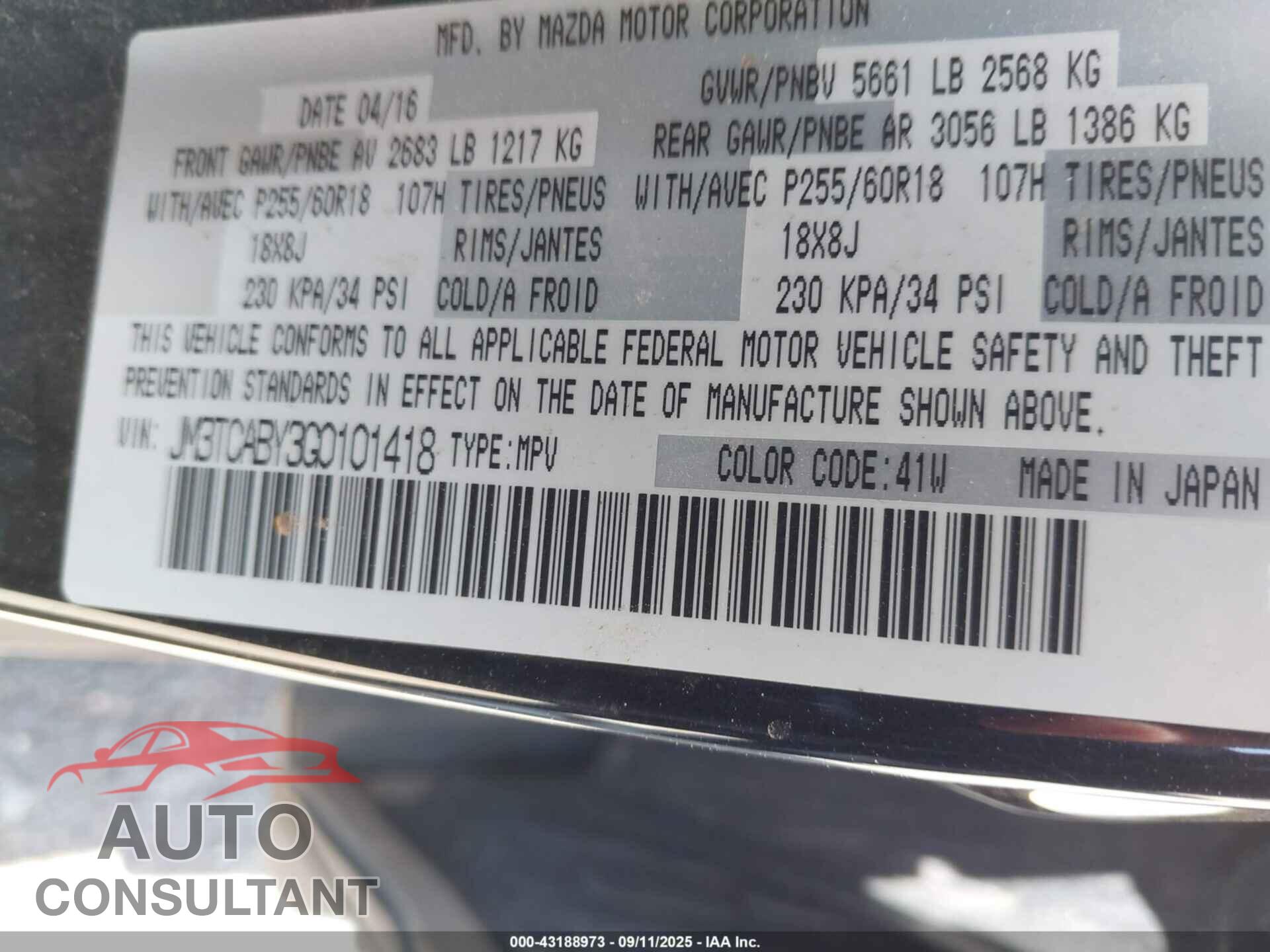 MAZDA CX-9 2016 - JM3TCABY3G0101418