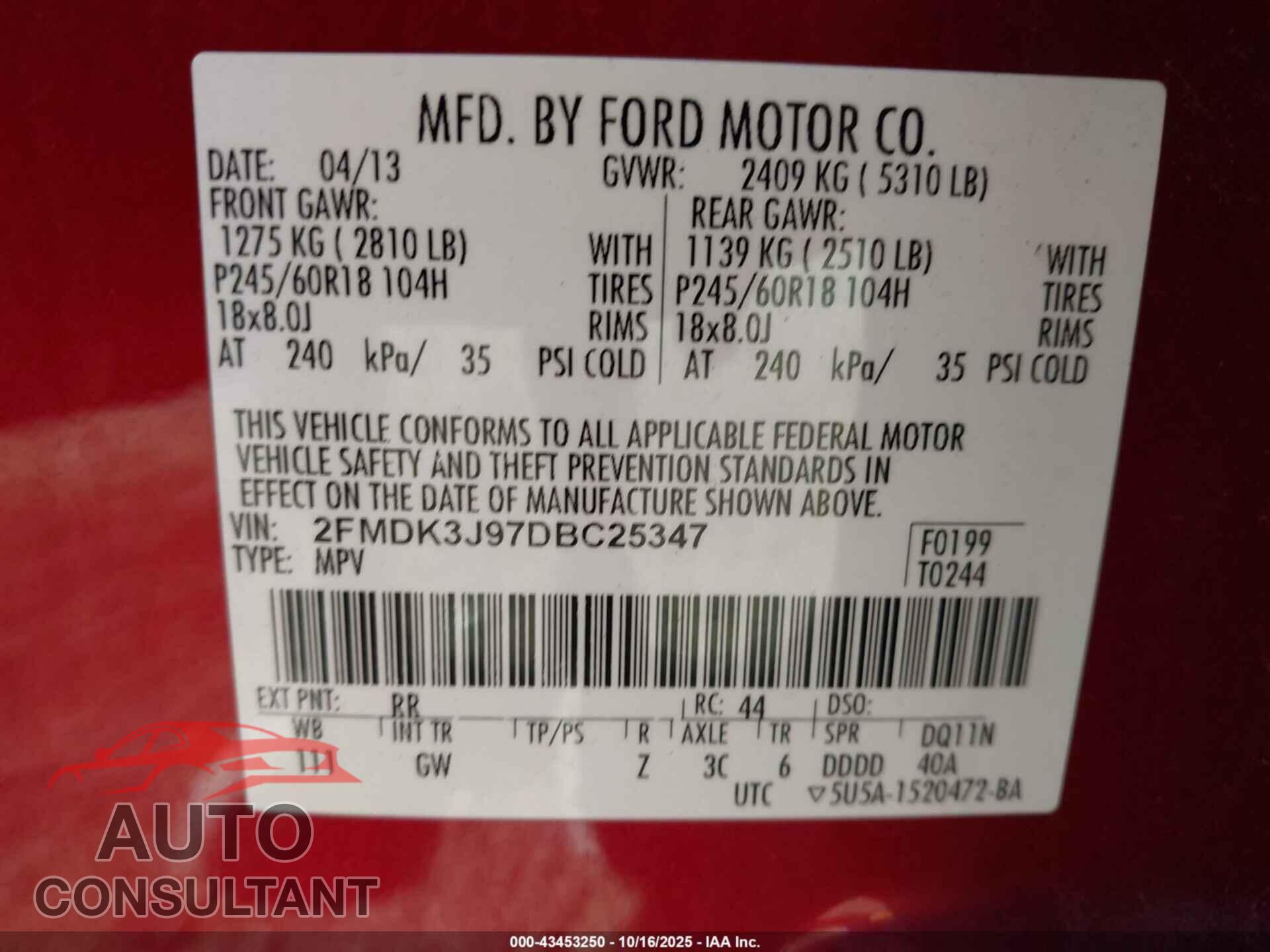 FORD EDGE 2013 - 2FMDK3J97DBC25347