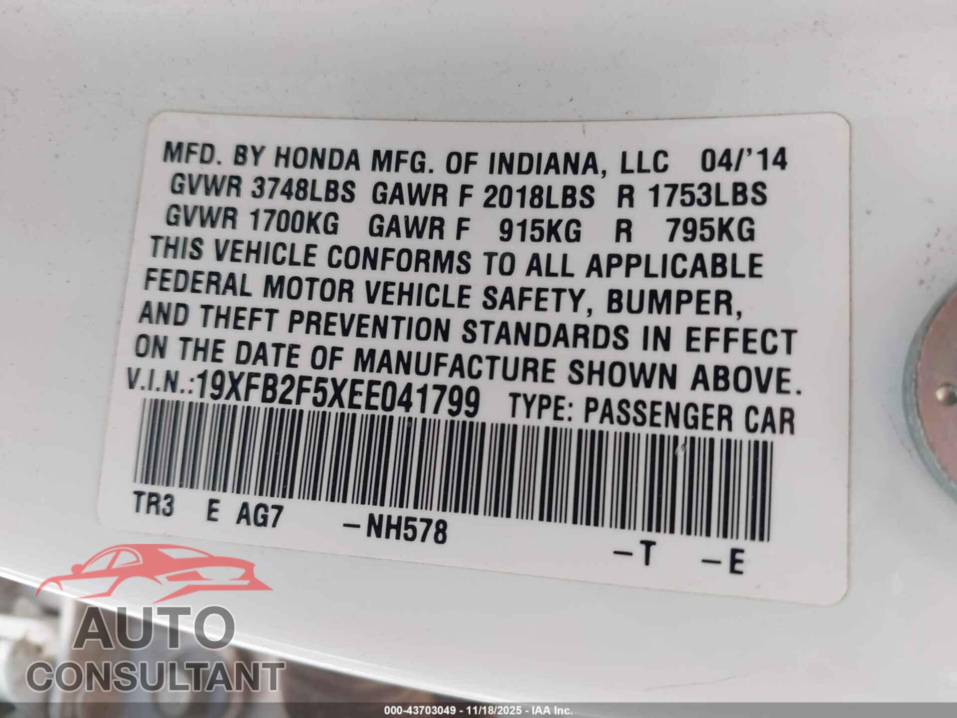 HONDA CIVIC 2014 - 19XFB2F5XEE041799