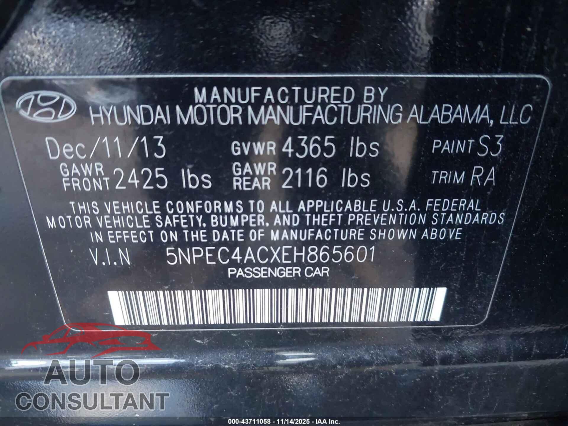 HYUNDAI SONATA 2014 - 5NPEC4ACXEH865601