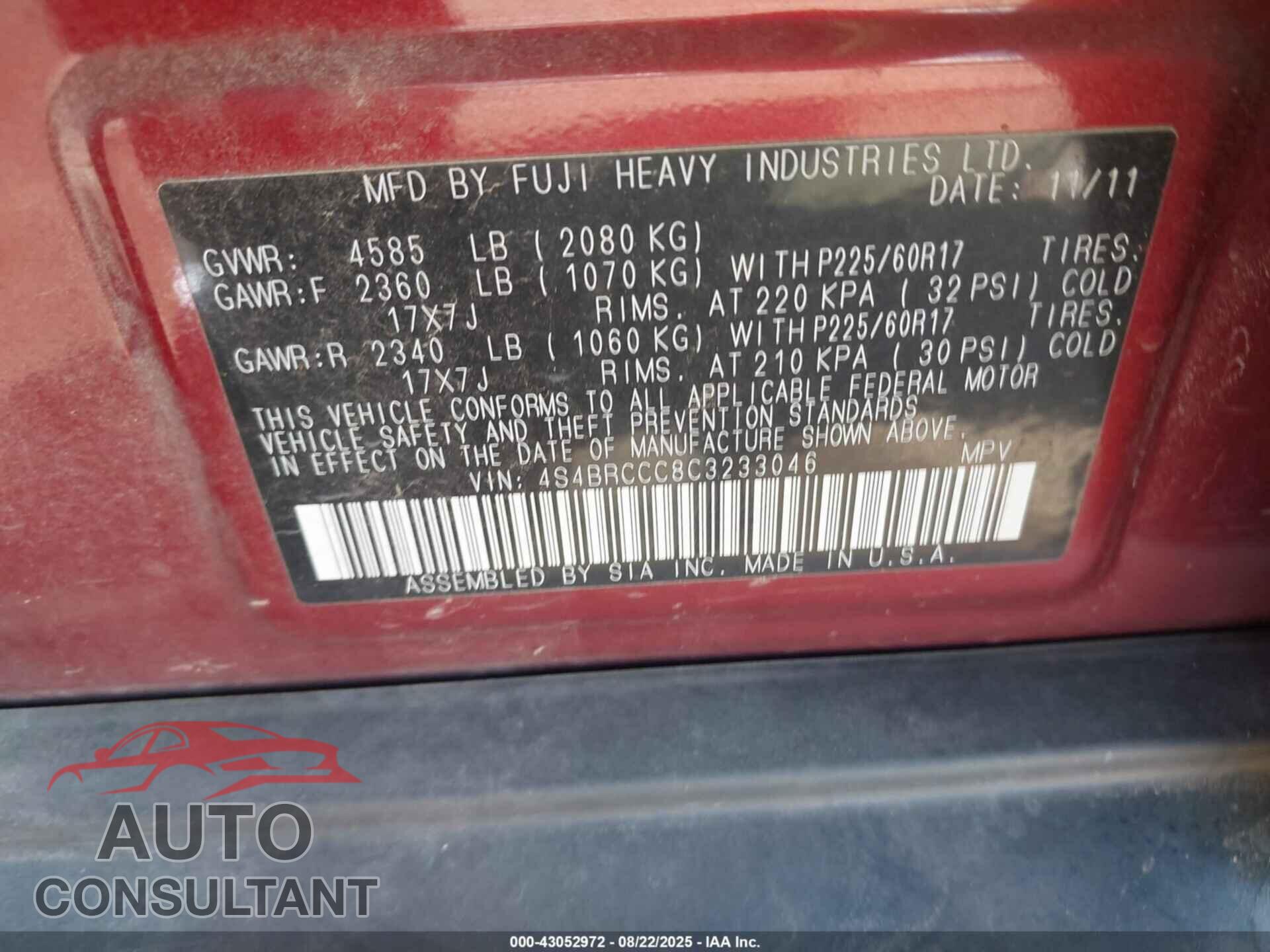 SUBARU OUTBACK 2012 - 4S4BRCCC8C3233046