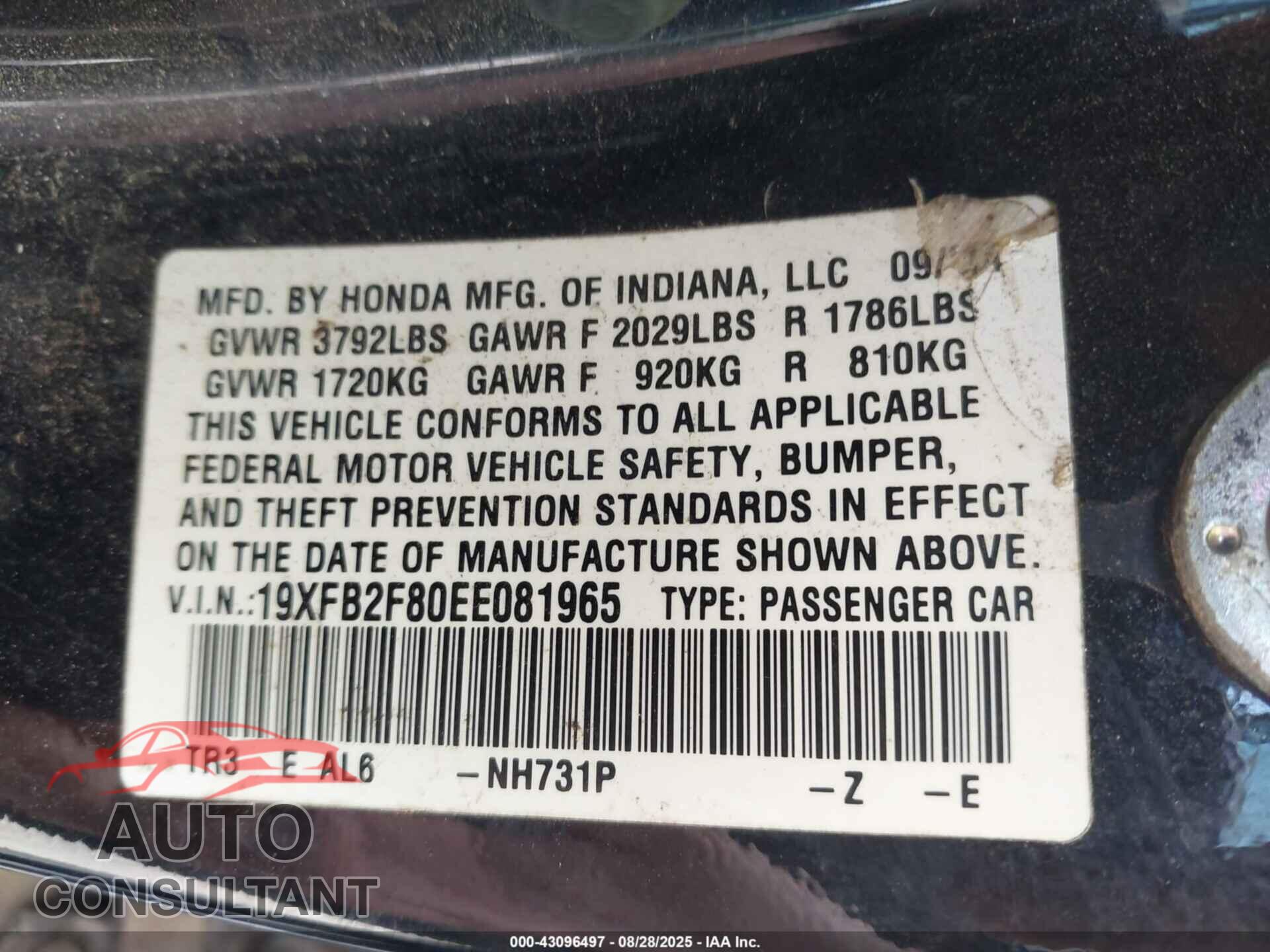 HONDA CIVIC 2014 - 19XFB2F80EE081965
