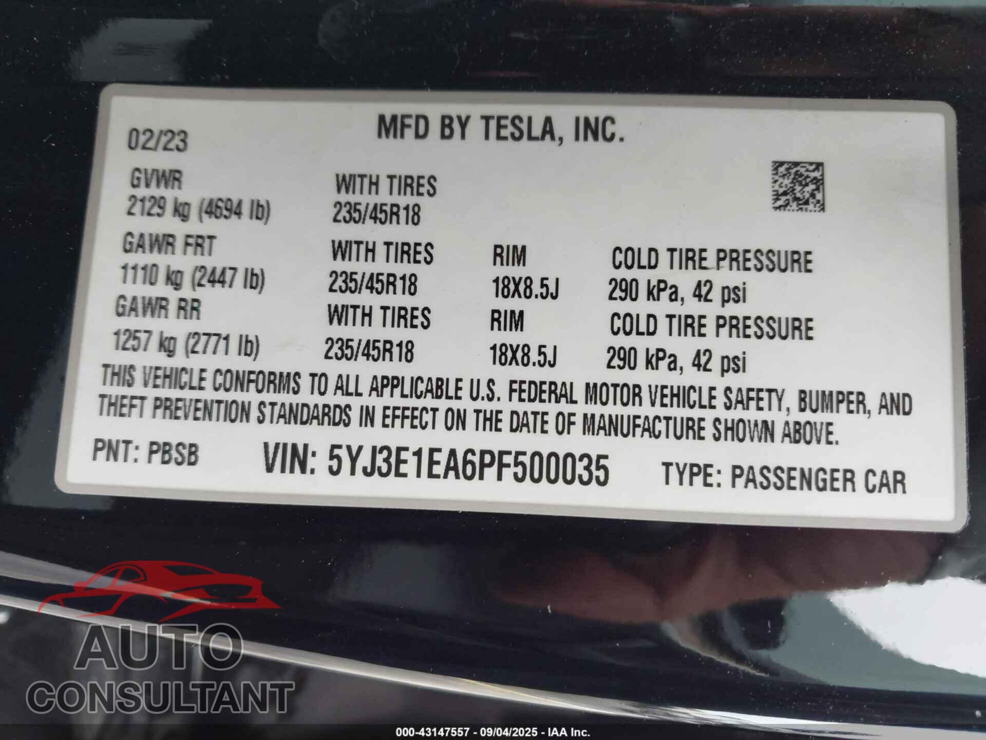 TESLA MODEL 3 2023 - 5YJ3E1EA6PF500035