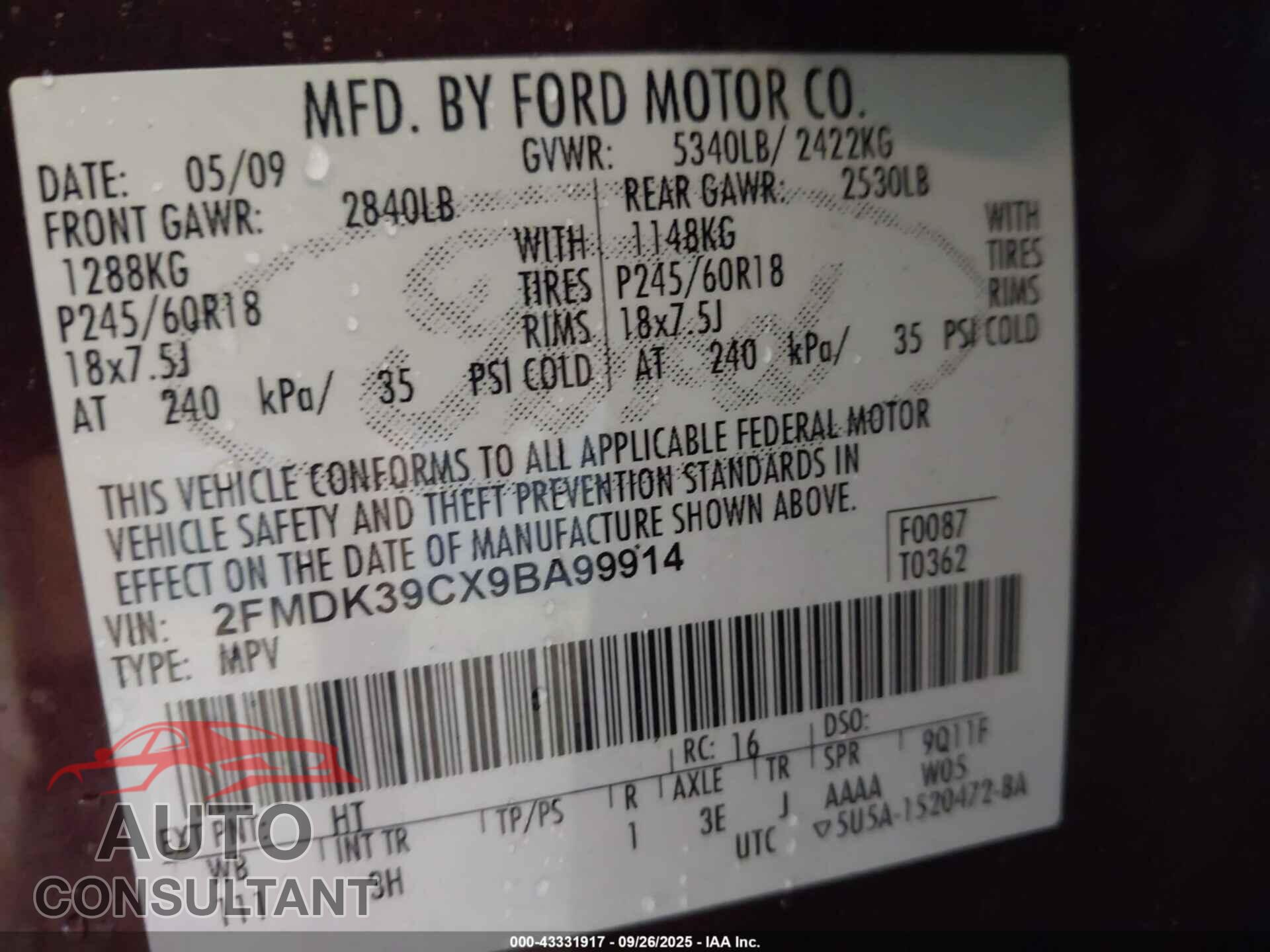 FORD EDGE 2009 - 2FMDK39CX9BA99914