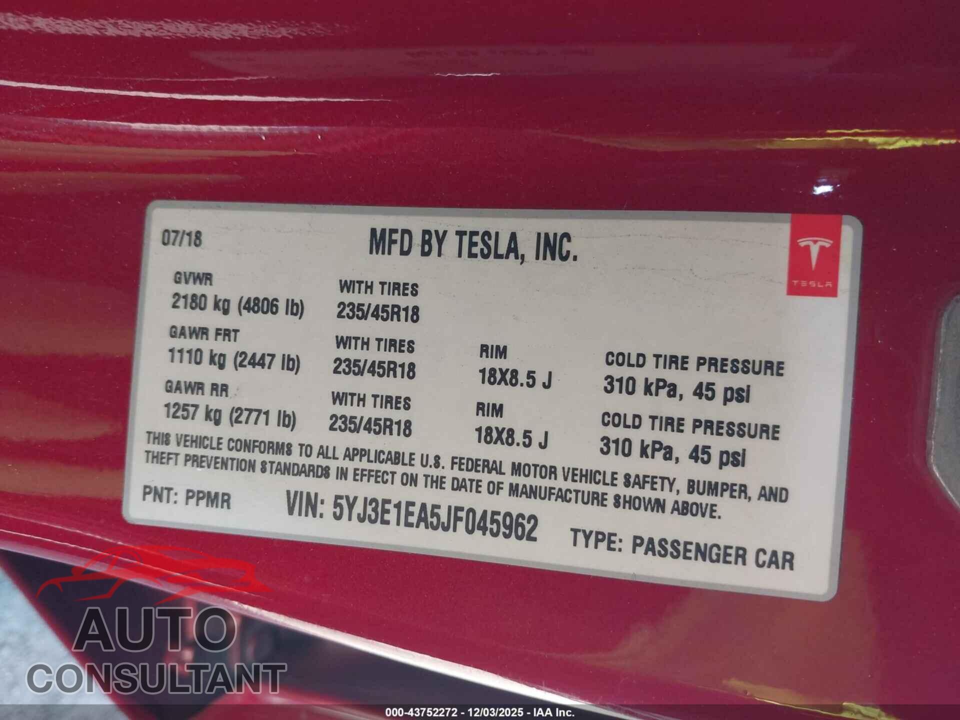 TESLA MODEL 3 2018 - 5YJ3E1EA5JF045962