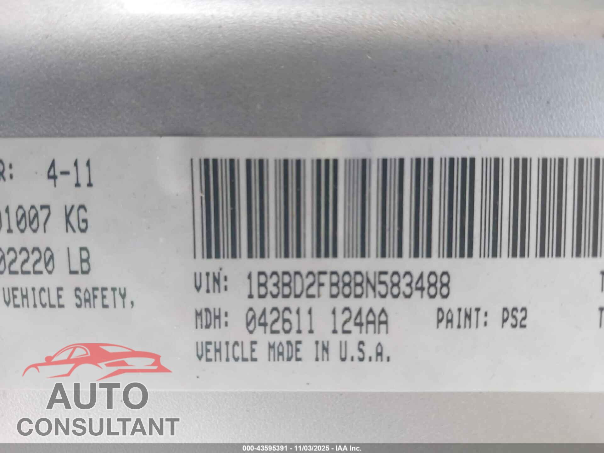 DODGE AVENGER 2011 - 1B3BD2FB8BN583488
