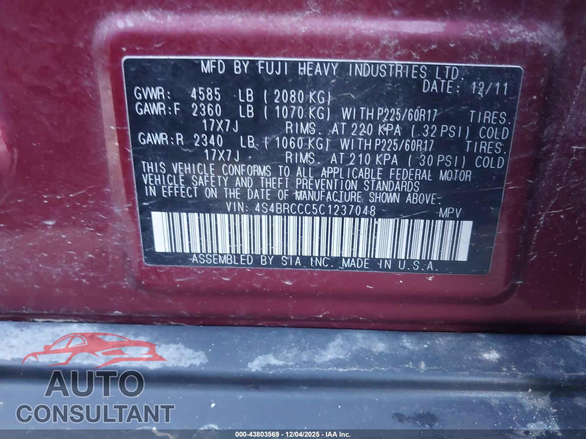 SUBARU OUTBACK 2012 - 4S4BRCCC5C1237048