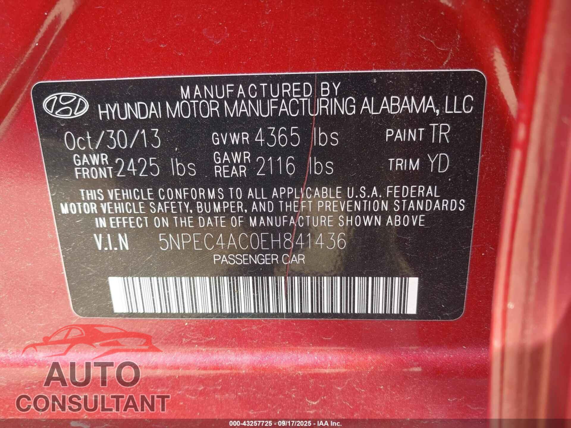 HYUNDAI SONATA 2014 - 5NPEC4AC0EH841436