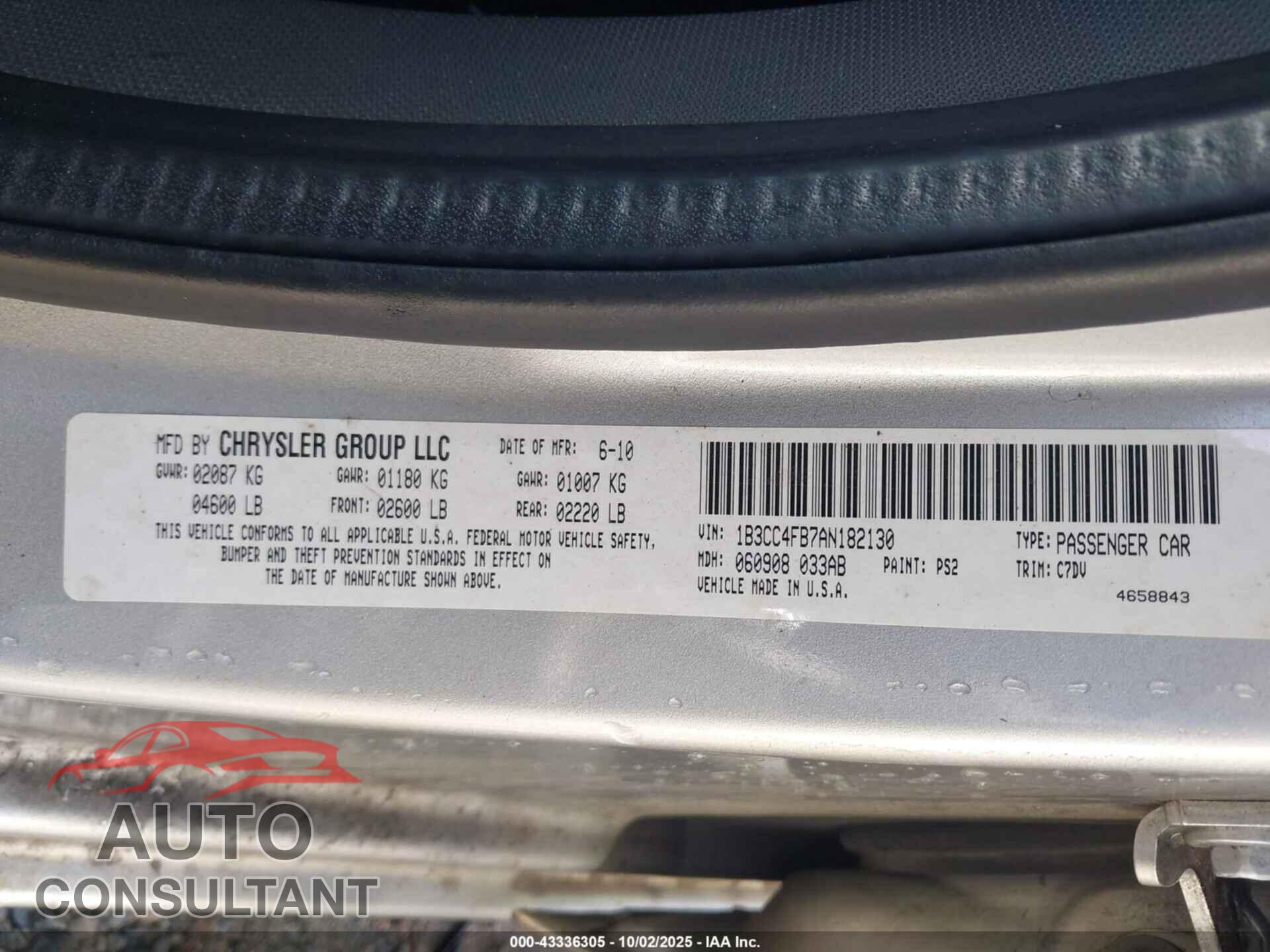 DODGE AVENGER 2010 - 1B3CC4FB7AN182130