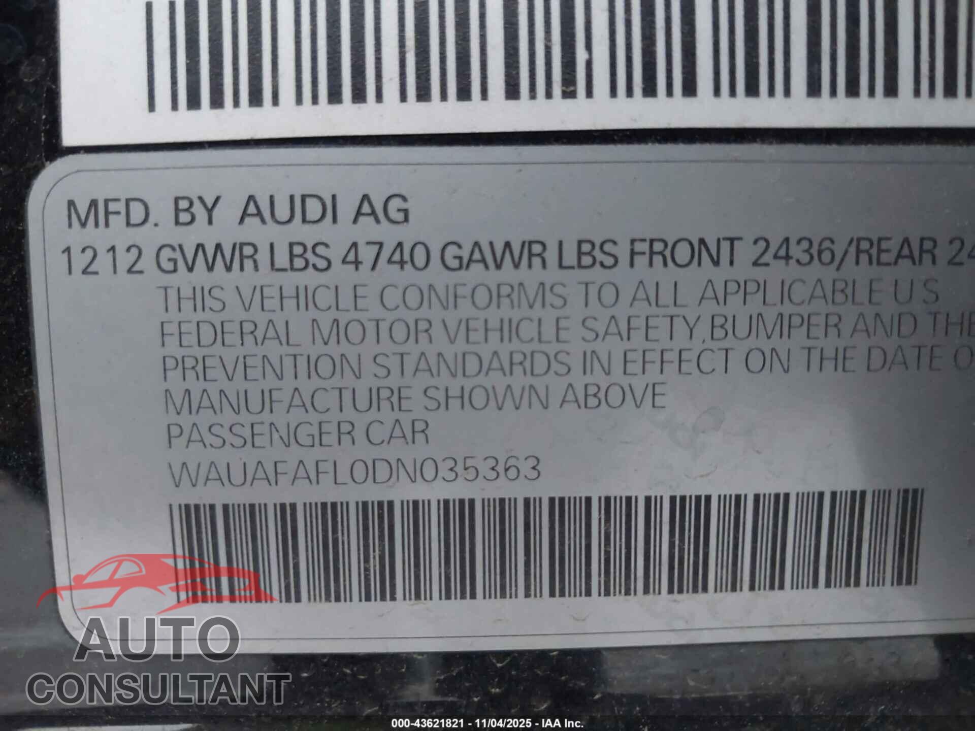 AUDI A4 2013 - WAUAFAFL0DN035363