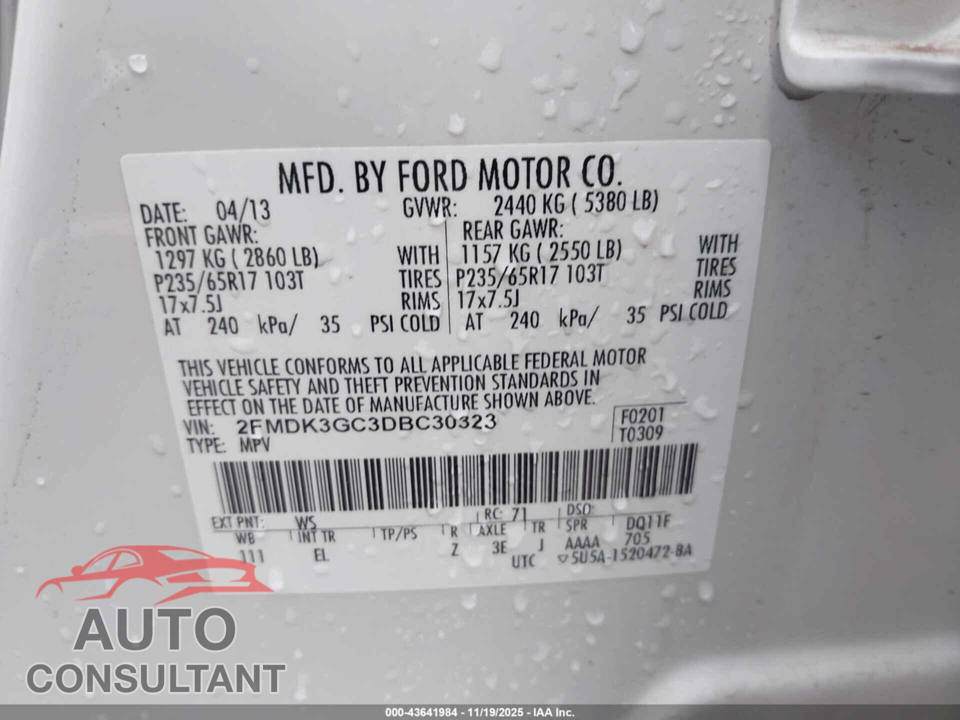 FORD EDGE 2013 - 2FMDK3GC3DBC30323