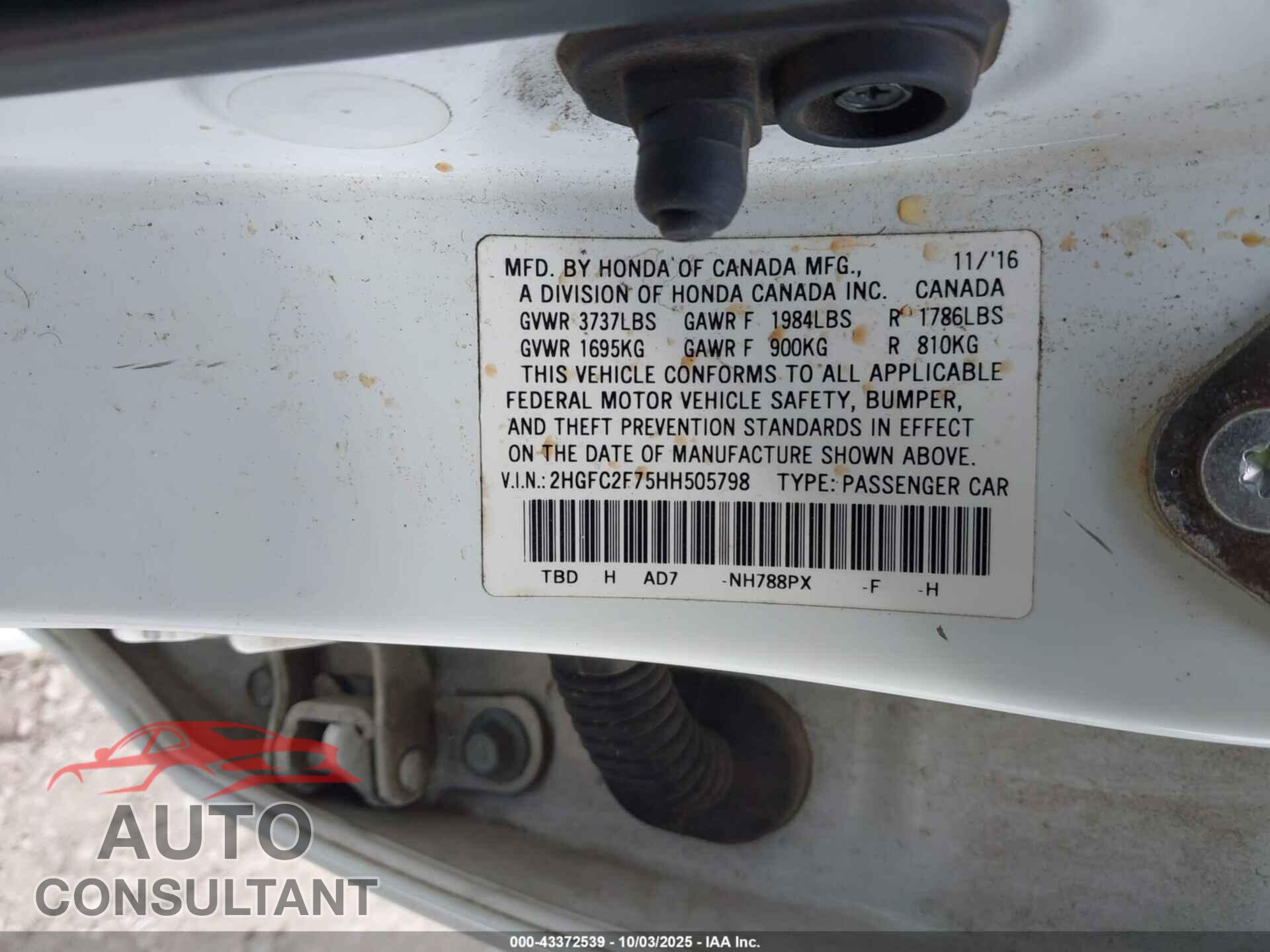 HONDA CIVIC 2017 - 2HGFC2F7588505798
