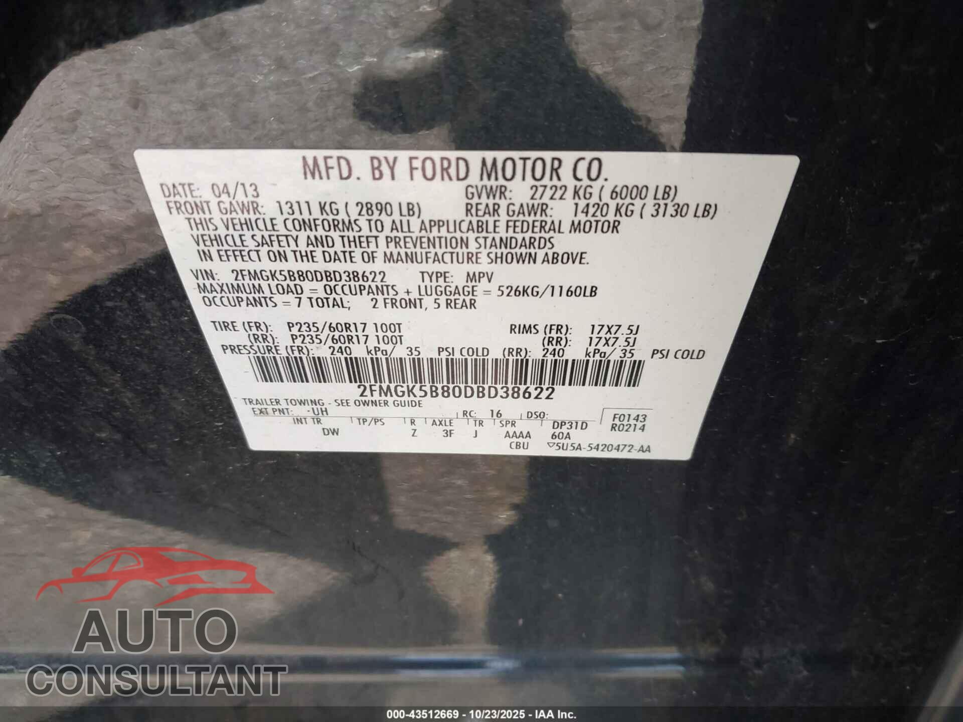 FORD FLEX 2013 - 2FMGK5B80DBD38622