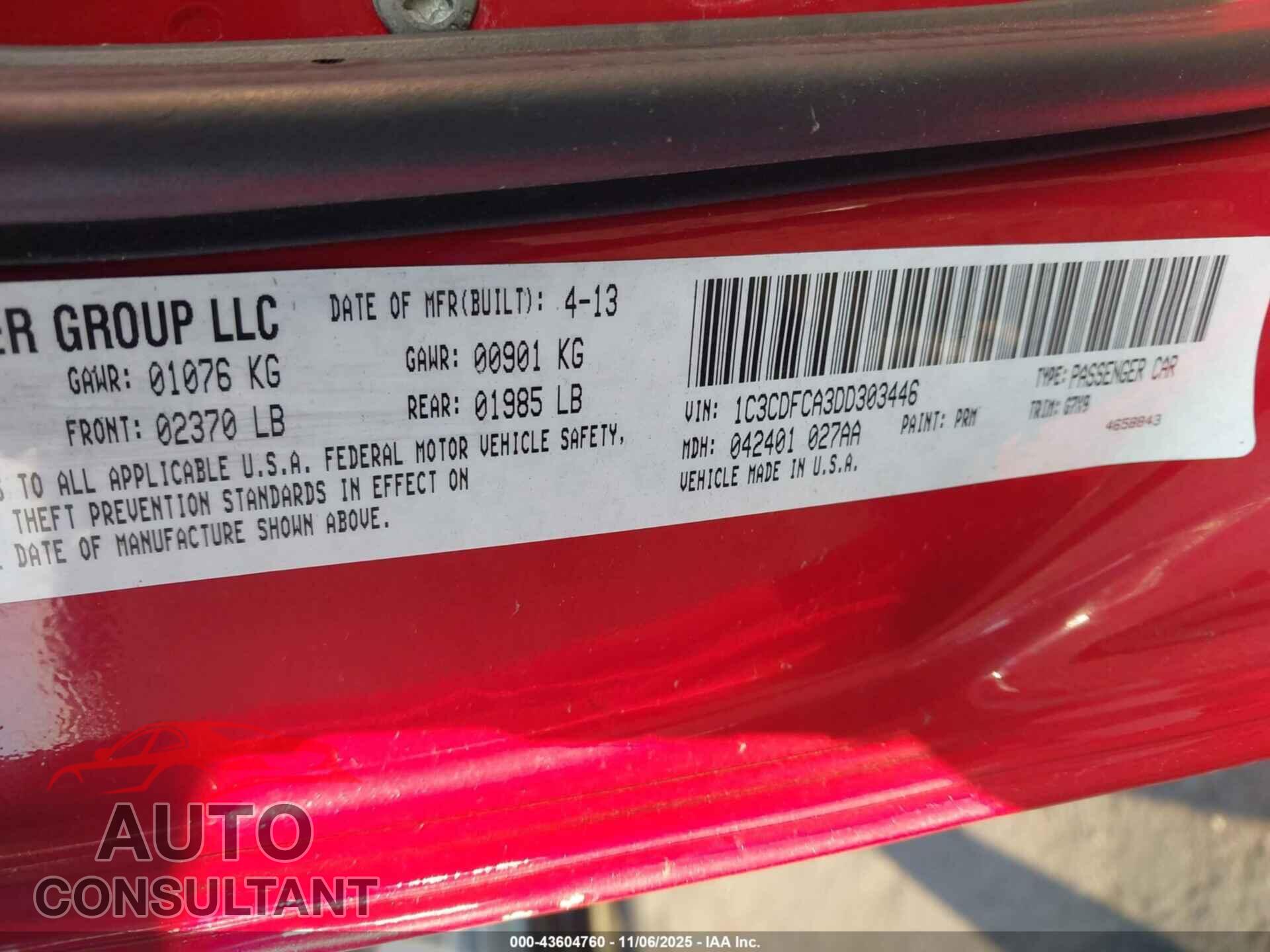 DODGE DART 2013 - 1C3CDFCA3DD303446