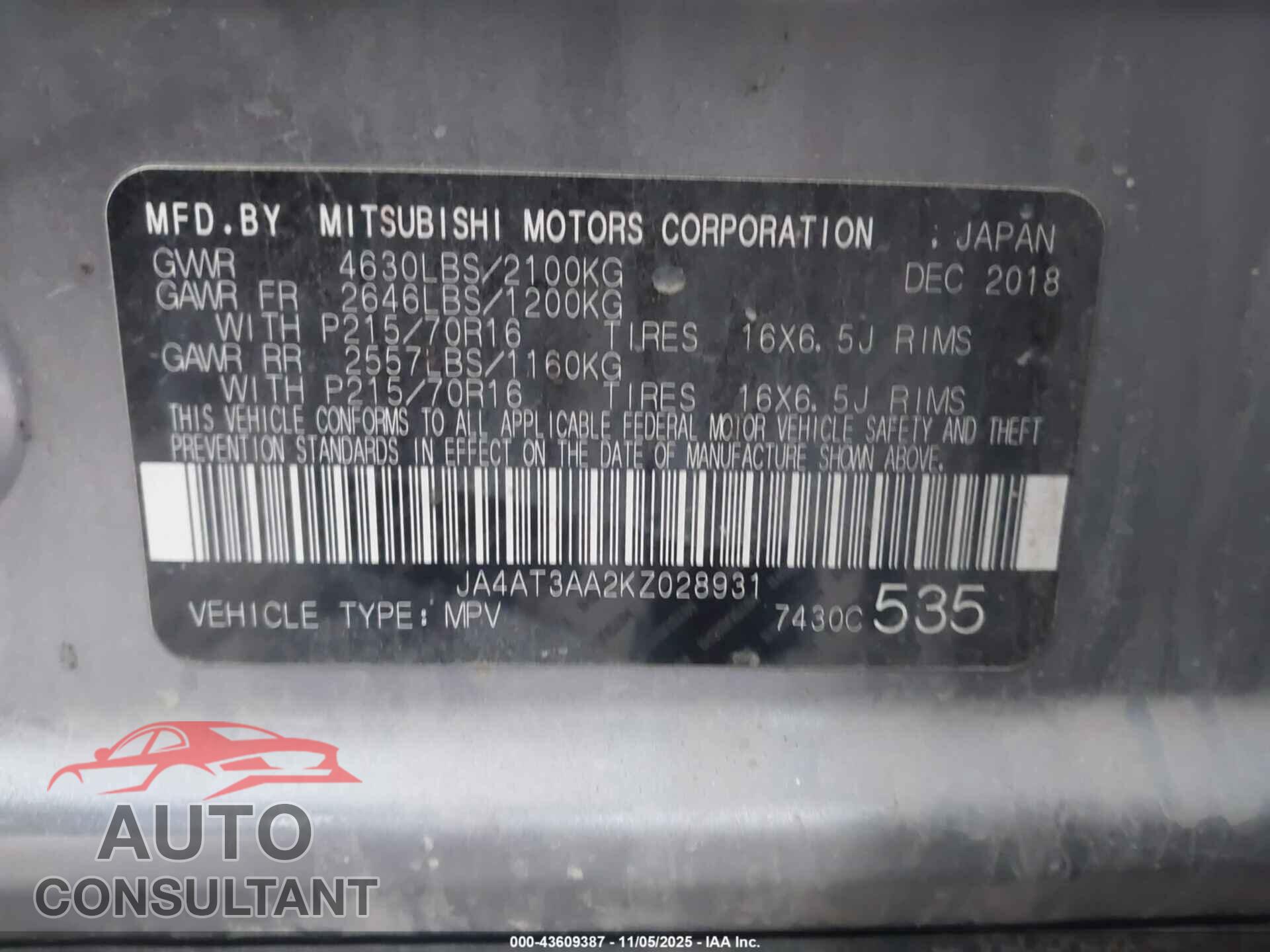 MITSUBISHI ECLIPSE CROSS 2019 - JA4AT3AA2KZ028931