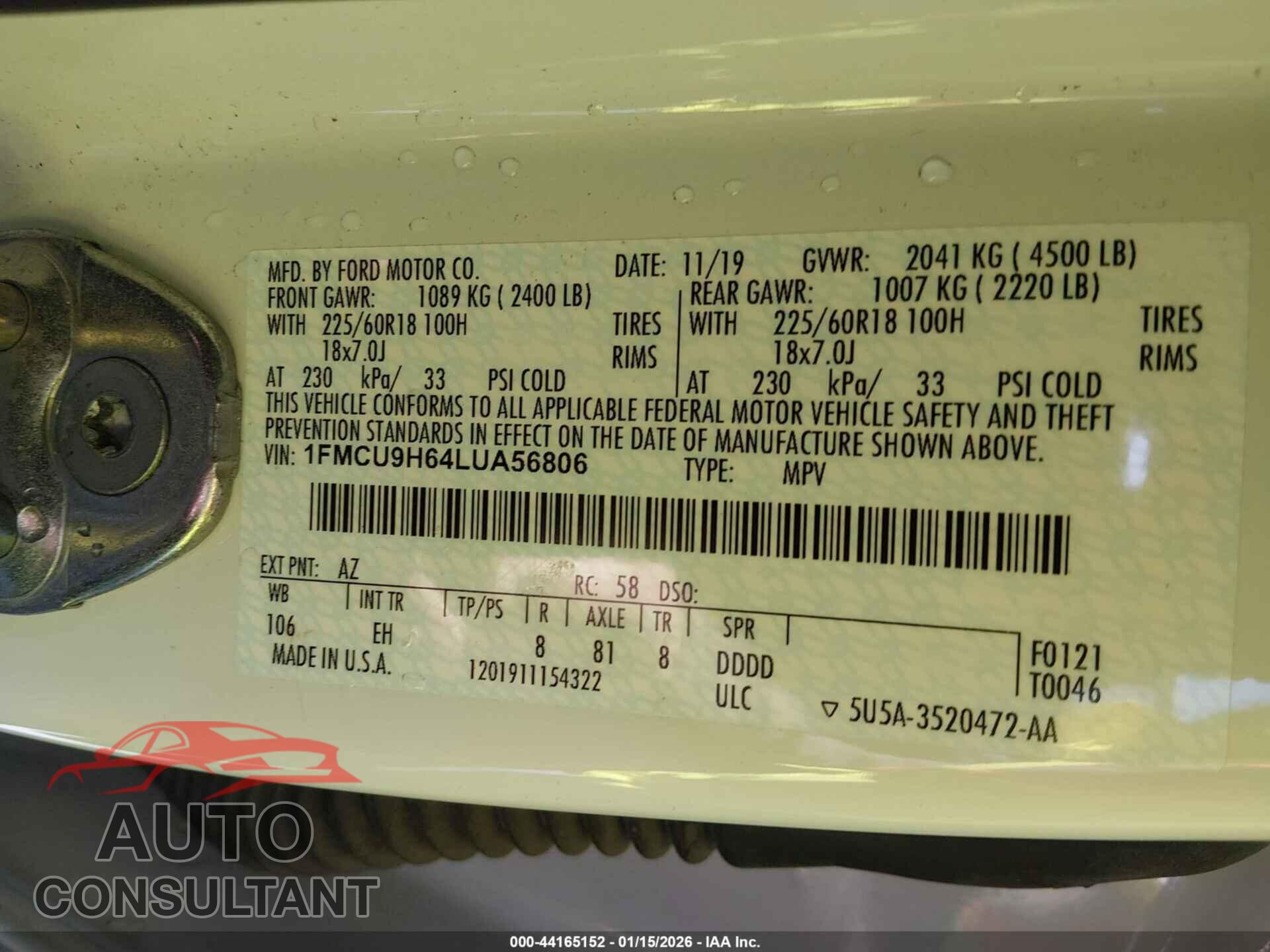 FORD ESCAPE 2020 - 1FMCU9H64LUA56806