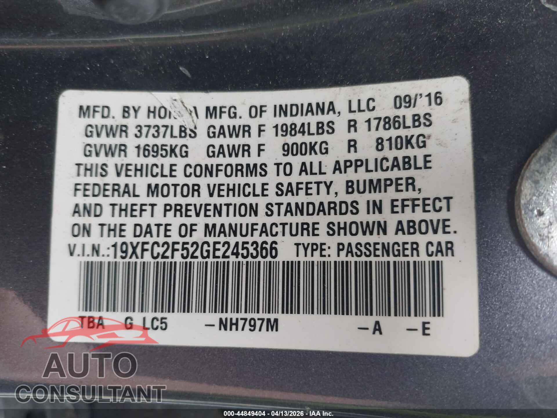 HONDA CIVIC 2016 - 19XFC2F52GE245366