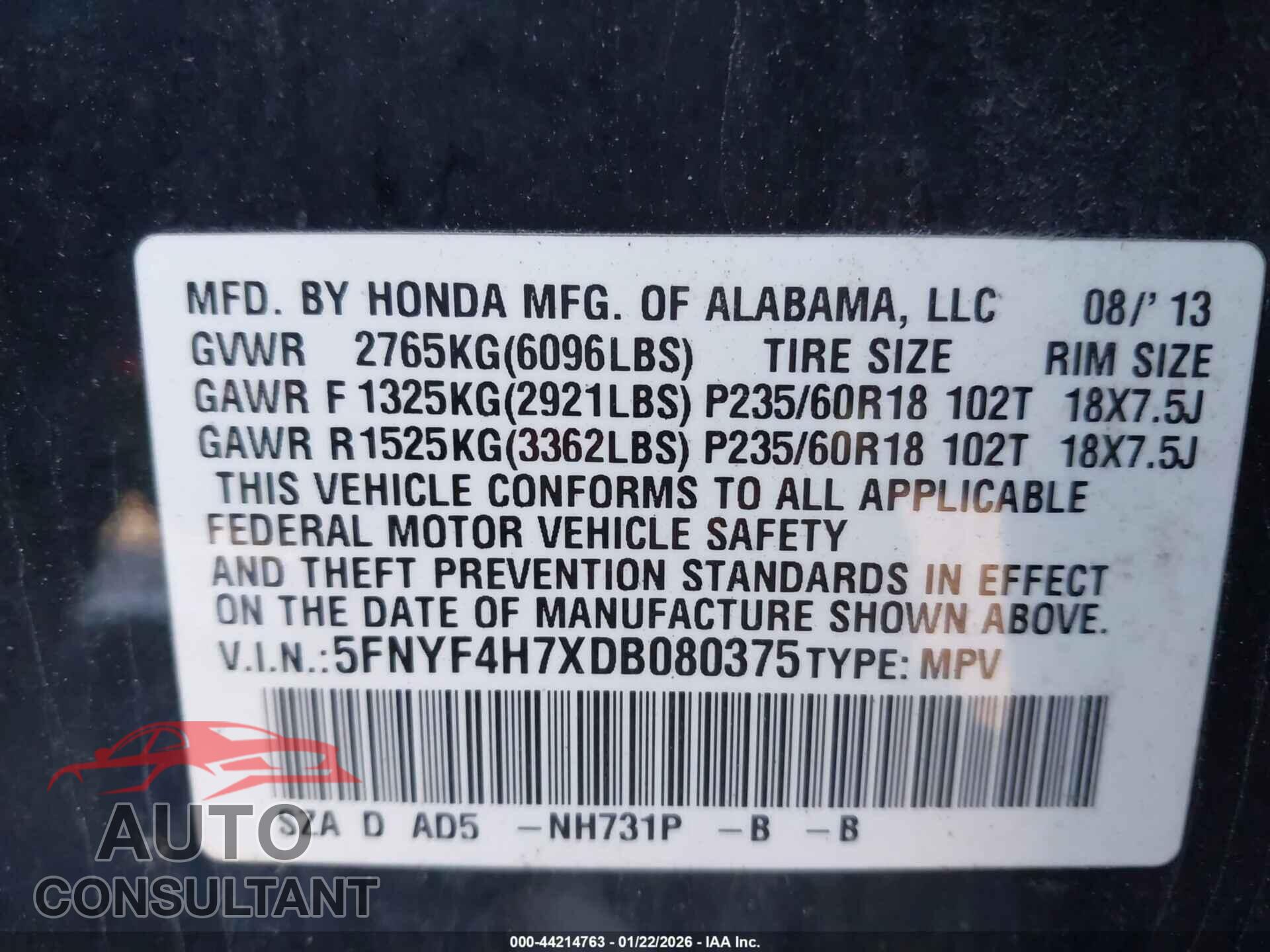 HONDA PILOT 2013 - 5FNYF4H7XDB080375