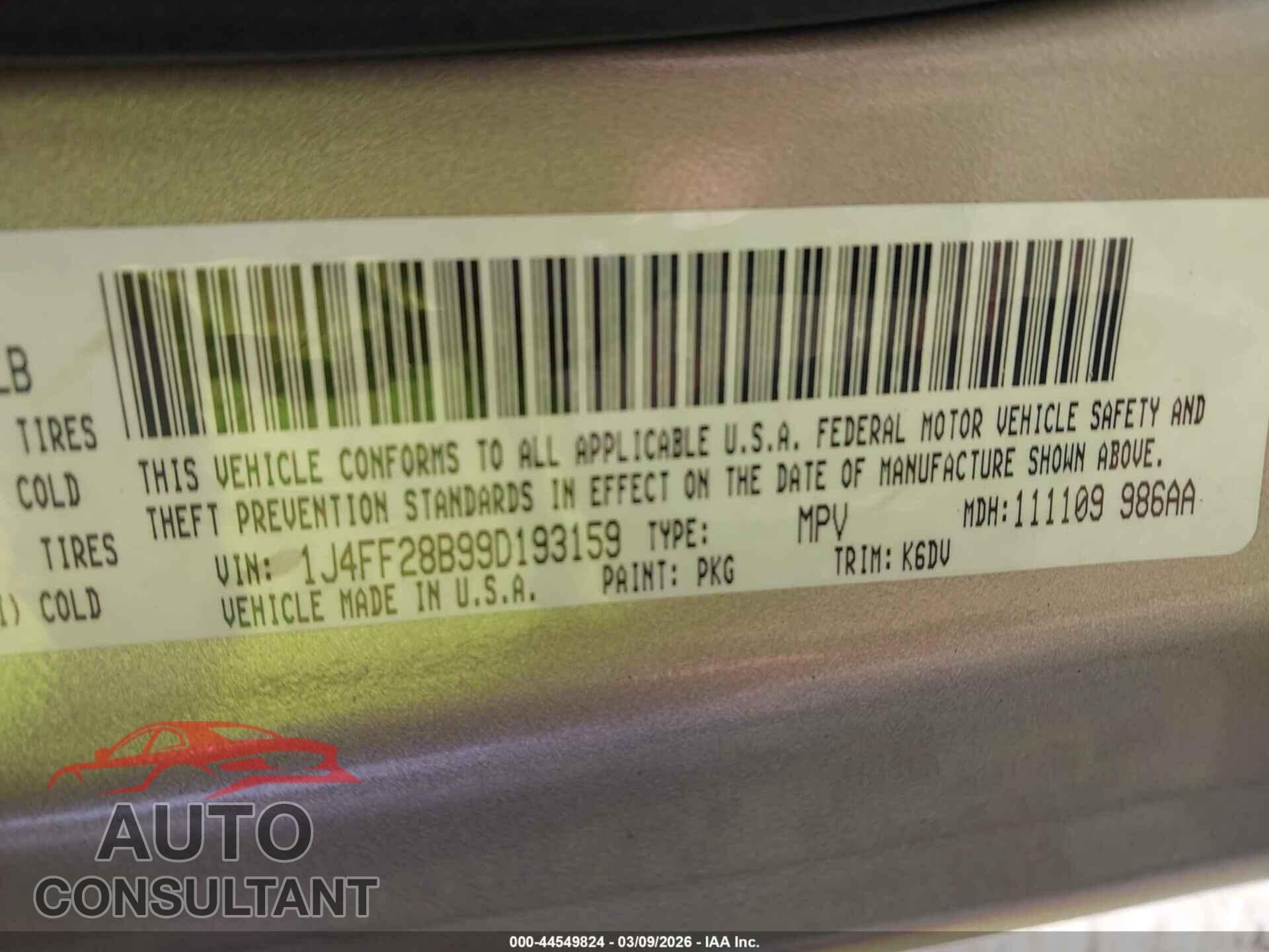 JEEP PATRIOT 2009 - 1J4FF28B99D193159