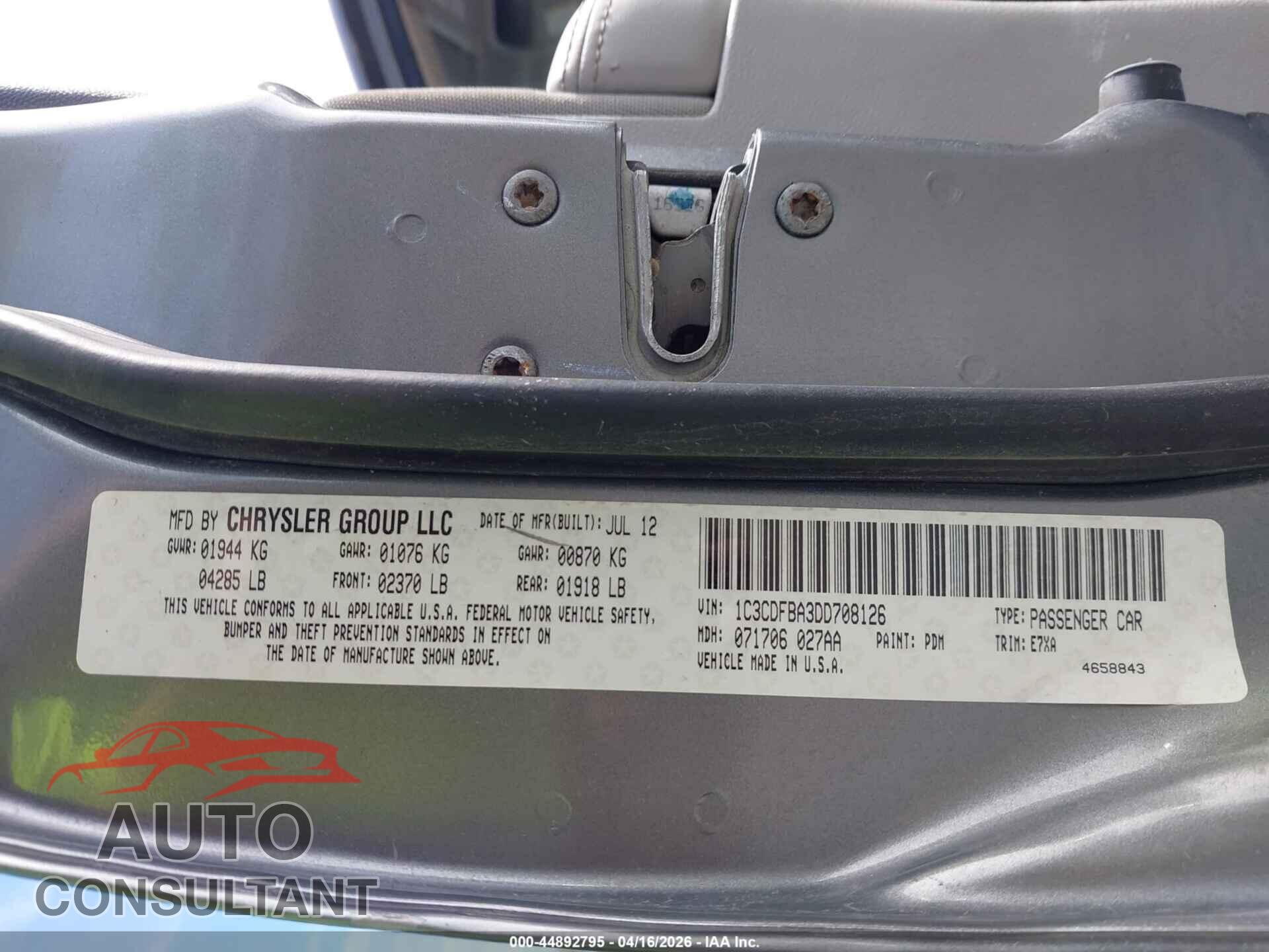 DODGE DART 2013 - 1C3CDFBA3DD708126