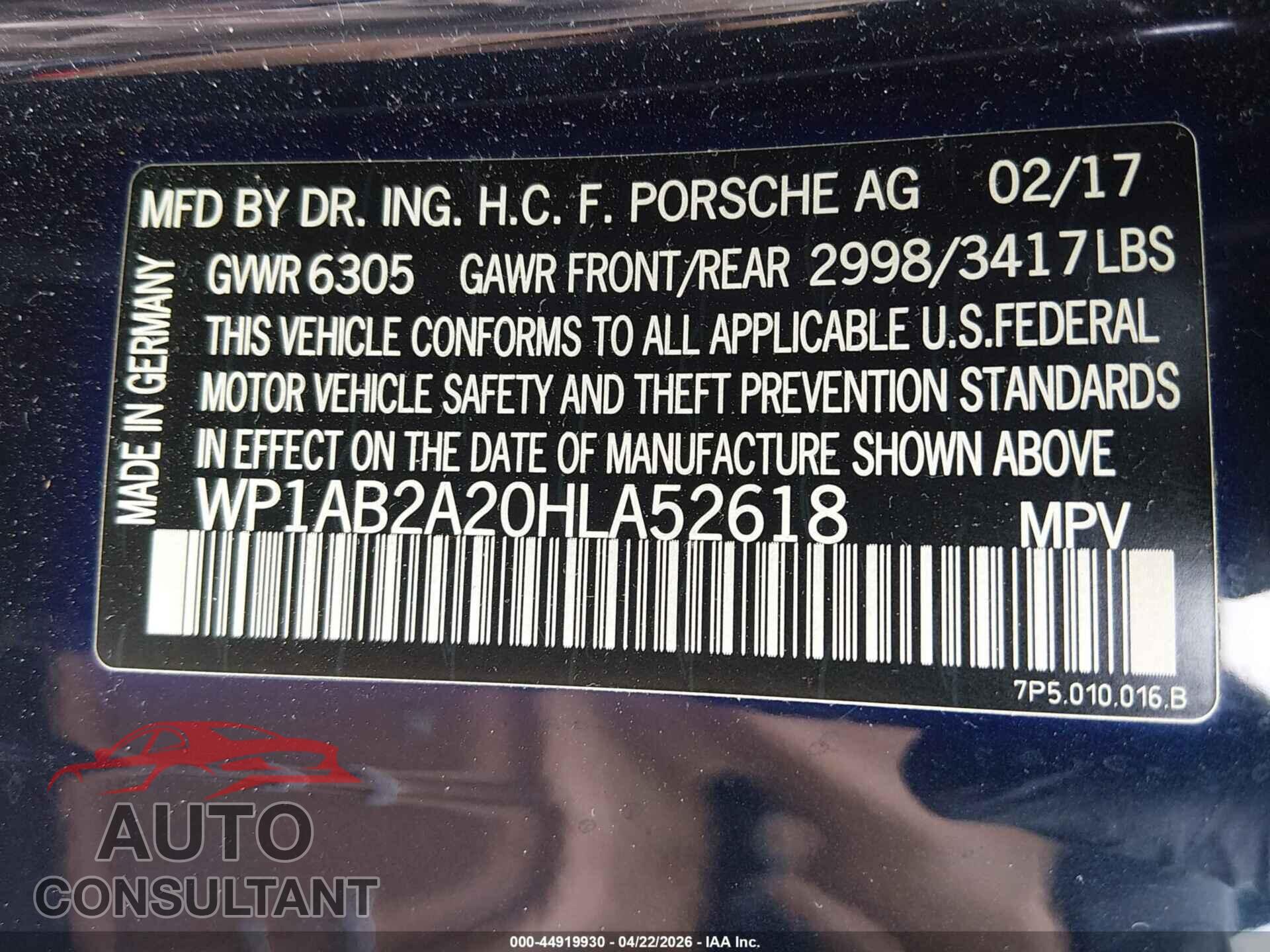 PORSCHE CAYENNE 2017 - WP1AB2A20HLA52618