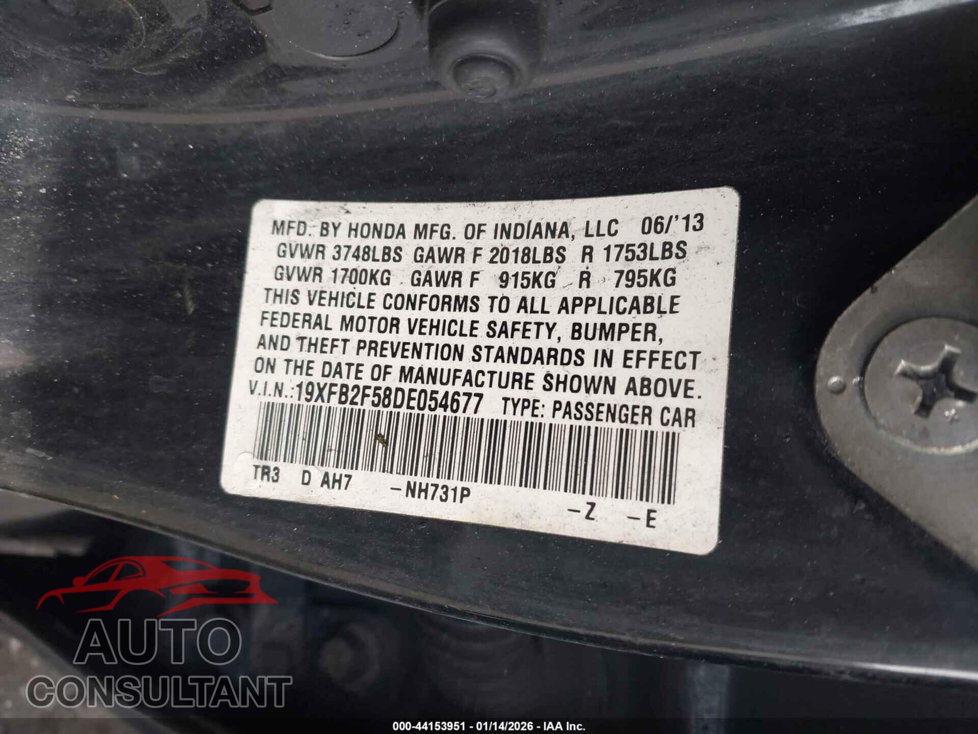 HONDA CIVIC 2013 - 19XFB2F58DE054677