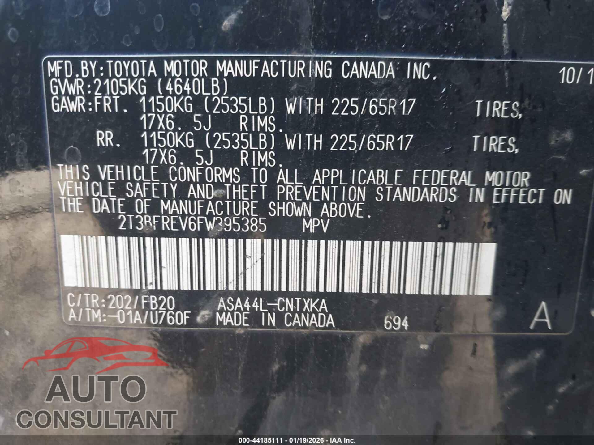 TOYOTA RAV4 2015 - 2T3BFREV6FW395385
