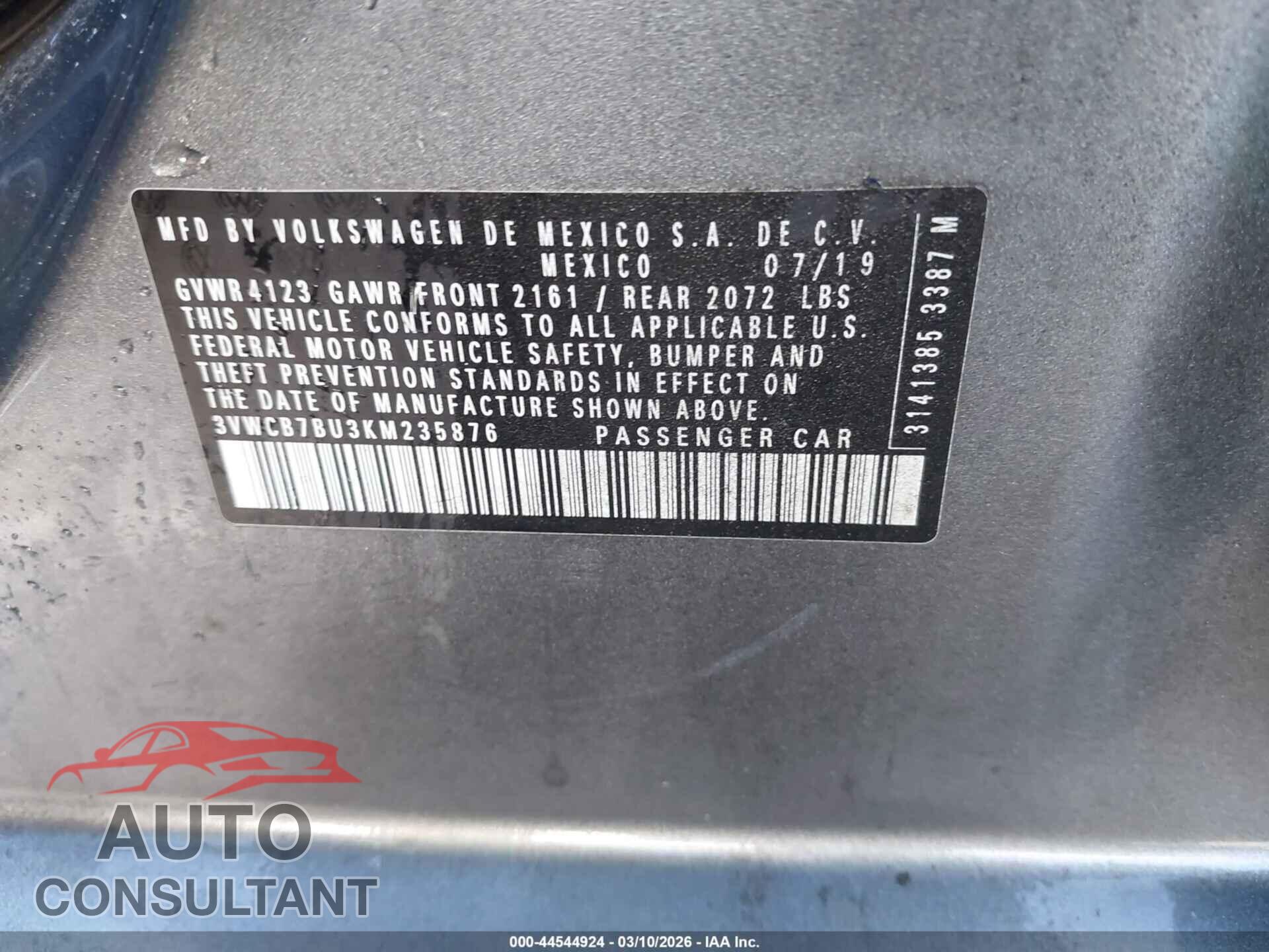 VOLKSWAGEN JETTA 2019 - 3VWCB7BU3KM235876