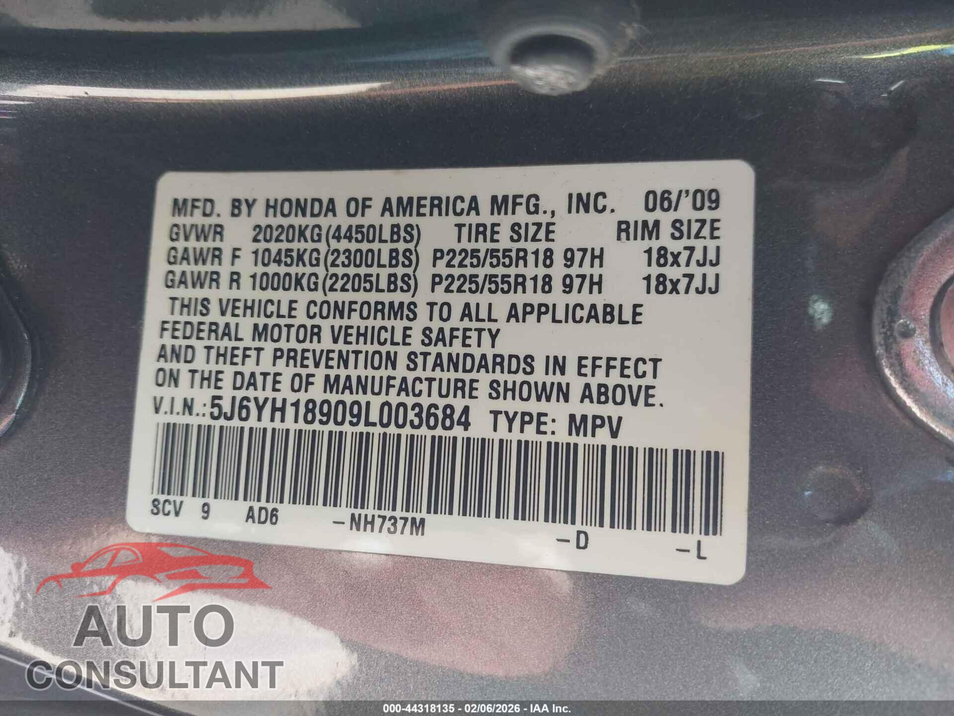 HONDA ELEMENT 2009 - 5J6YH18909L003684