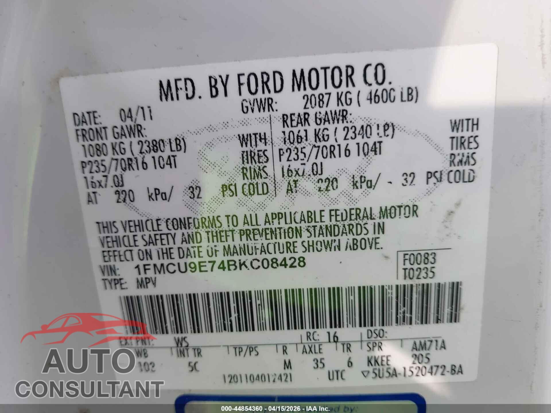 FORD ESCAPE 2011 - 1FMCU9E74BKC08428