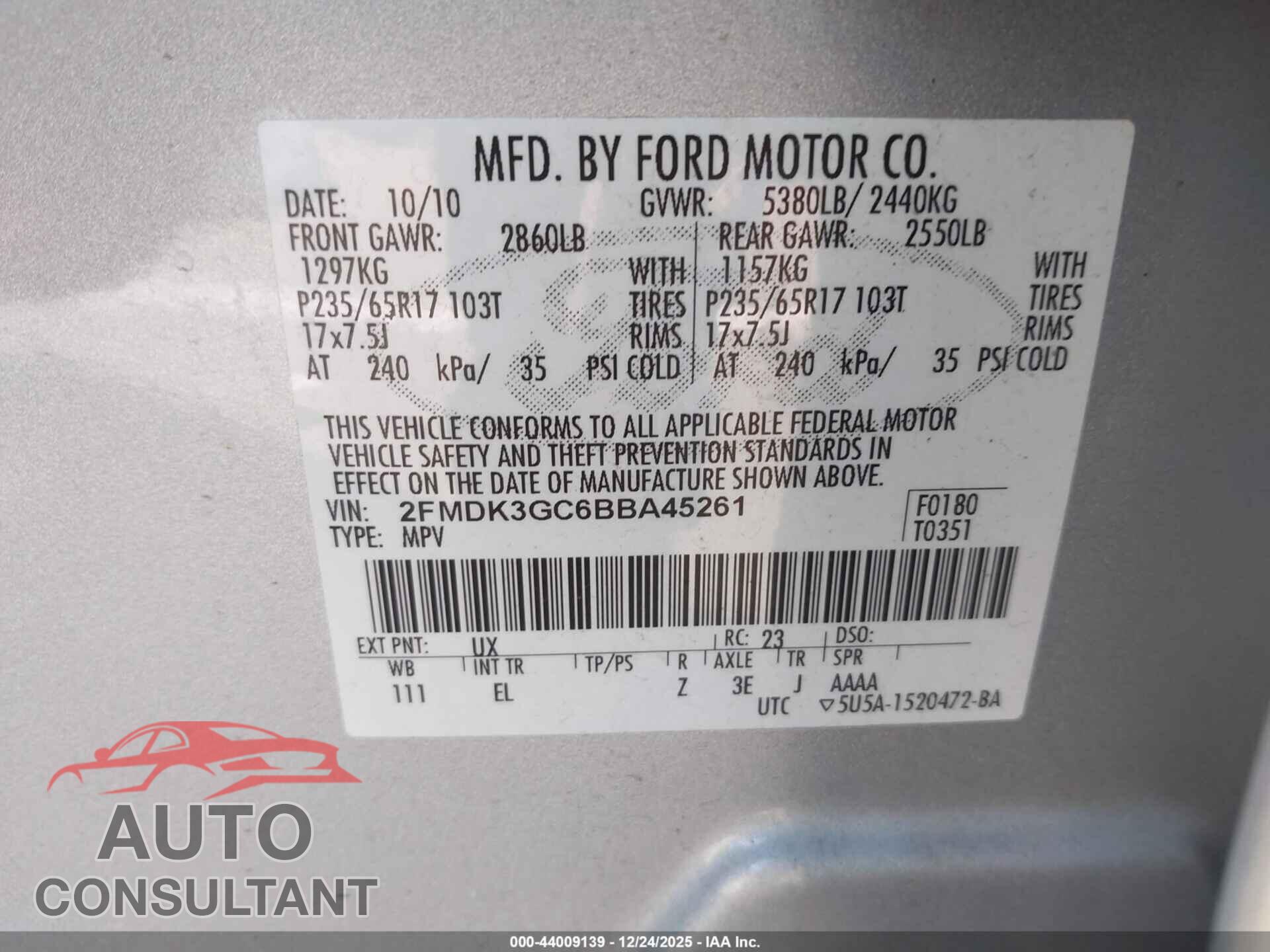 FORD EDGE 2011 - 2FMDK3GC6BBA45261