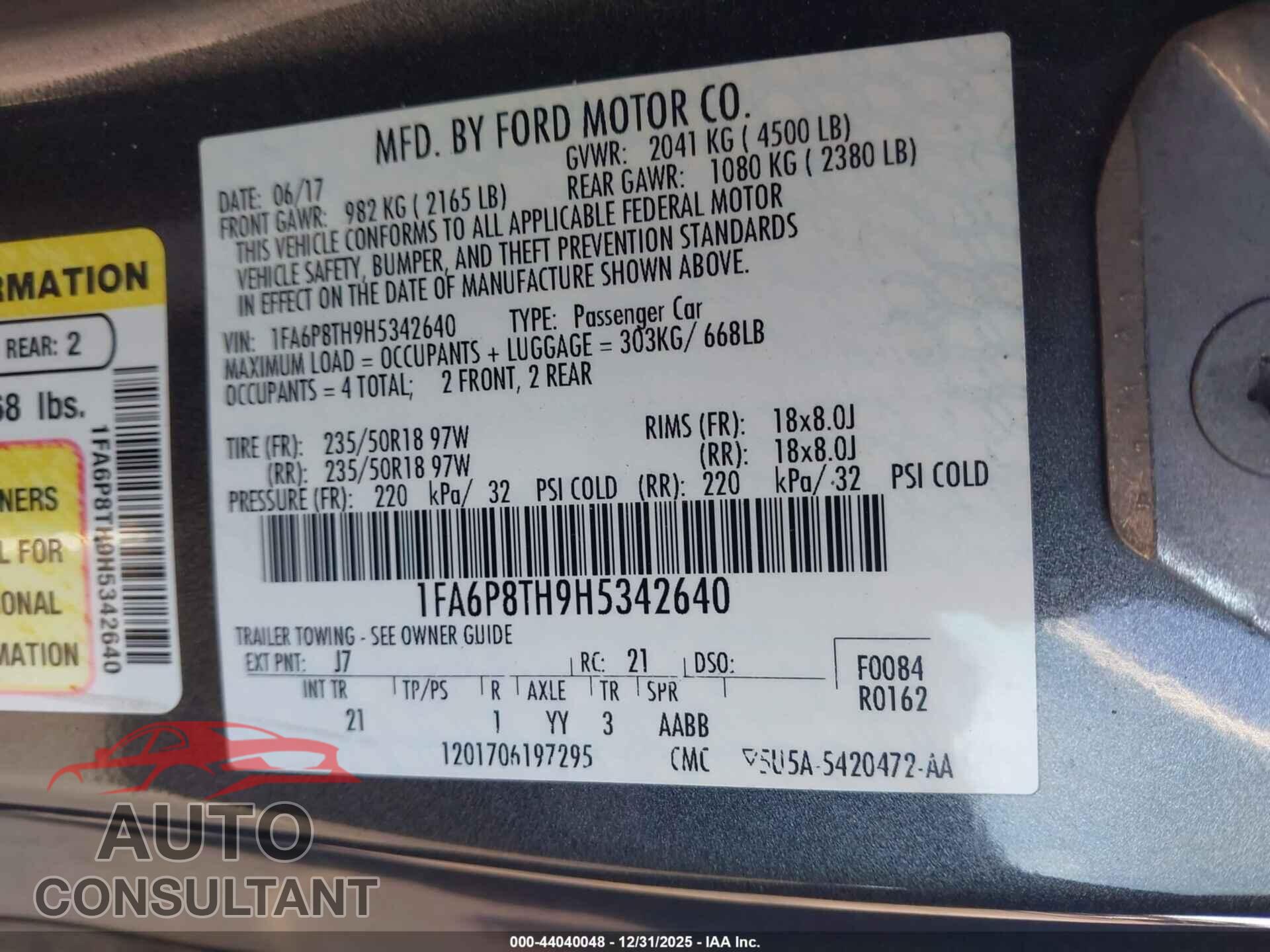 FORD MUSTANG 2017 - 1FA6P8TH9H5342640