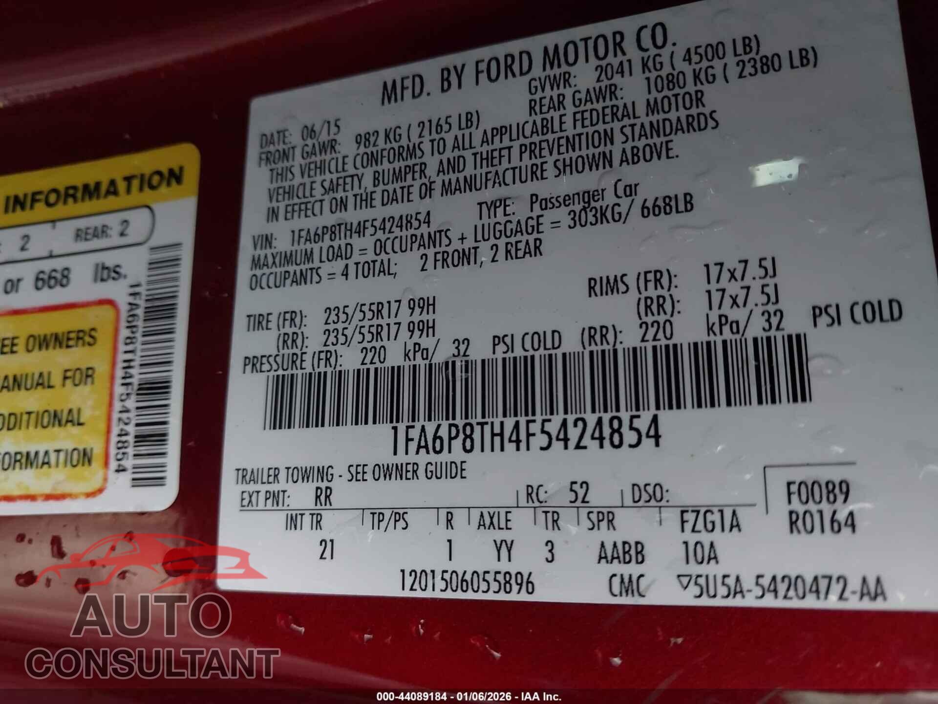 FORD MUSTANG 2015 - 1FA6P8TH4F5424854