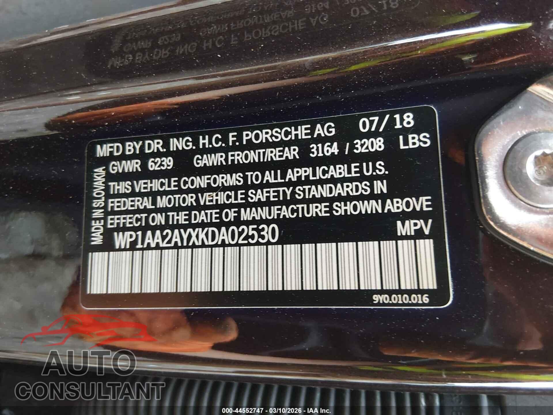 PORSCHE CAYENNE 2019 - WP1AA2AYXKDA02530