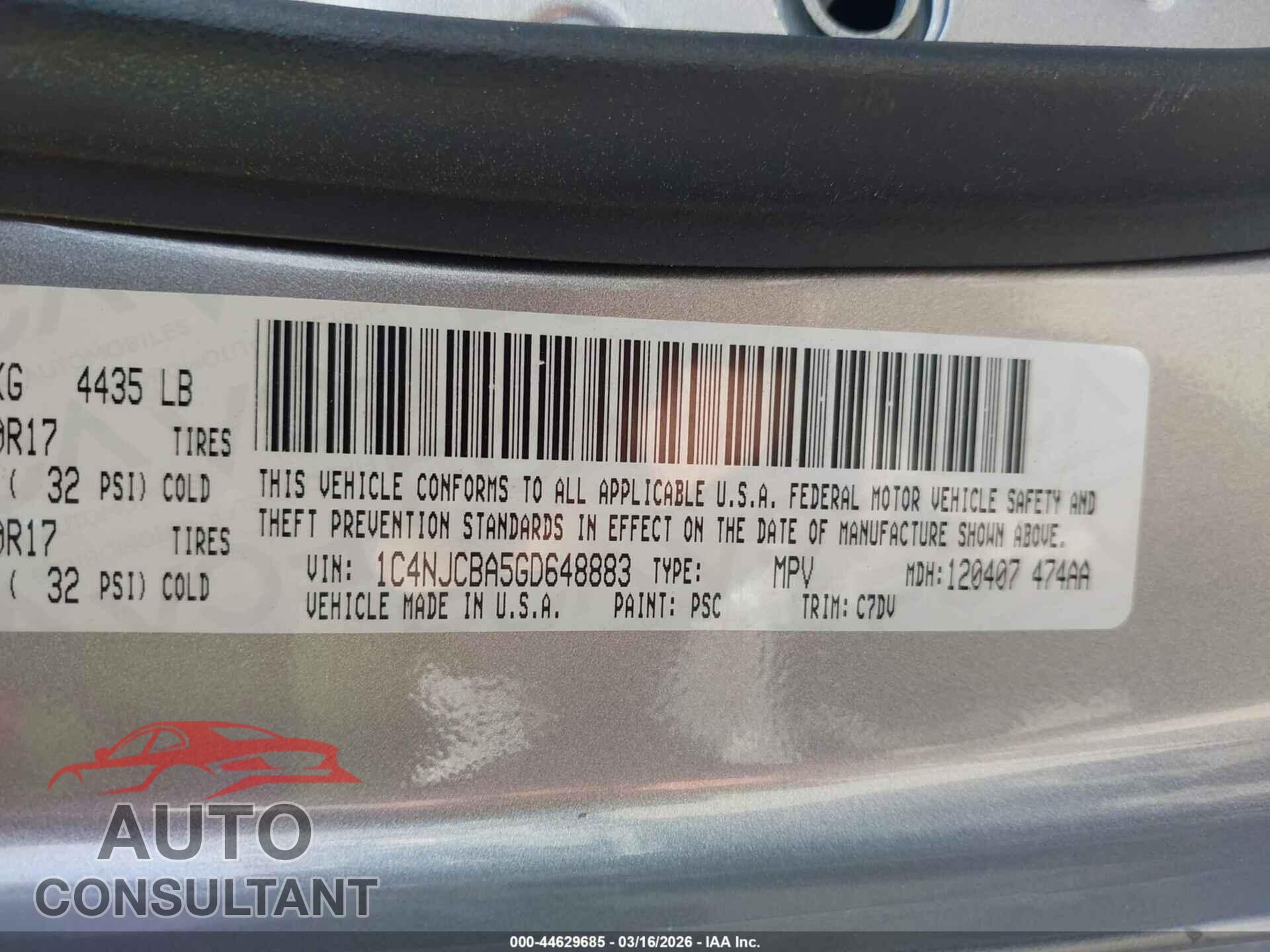 JEEP COMPASS 2016 - 1C4NJCBA5GD648883