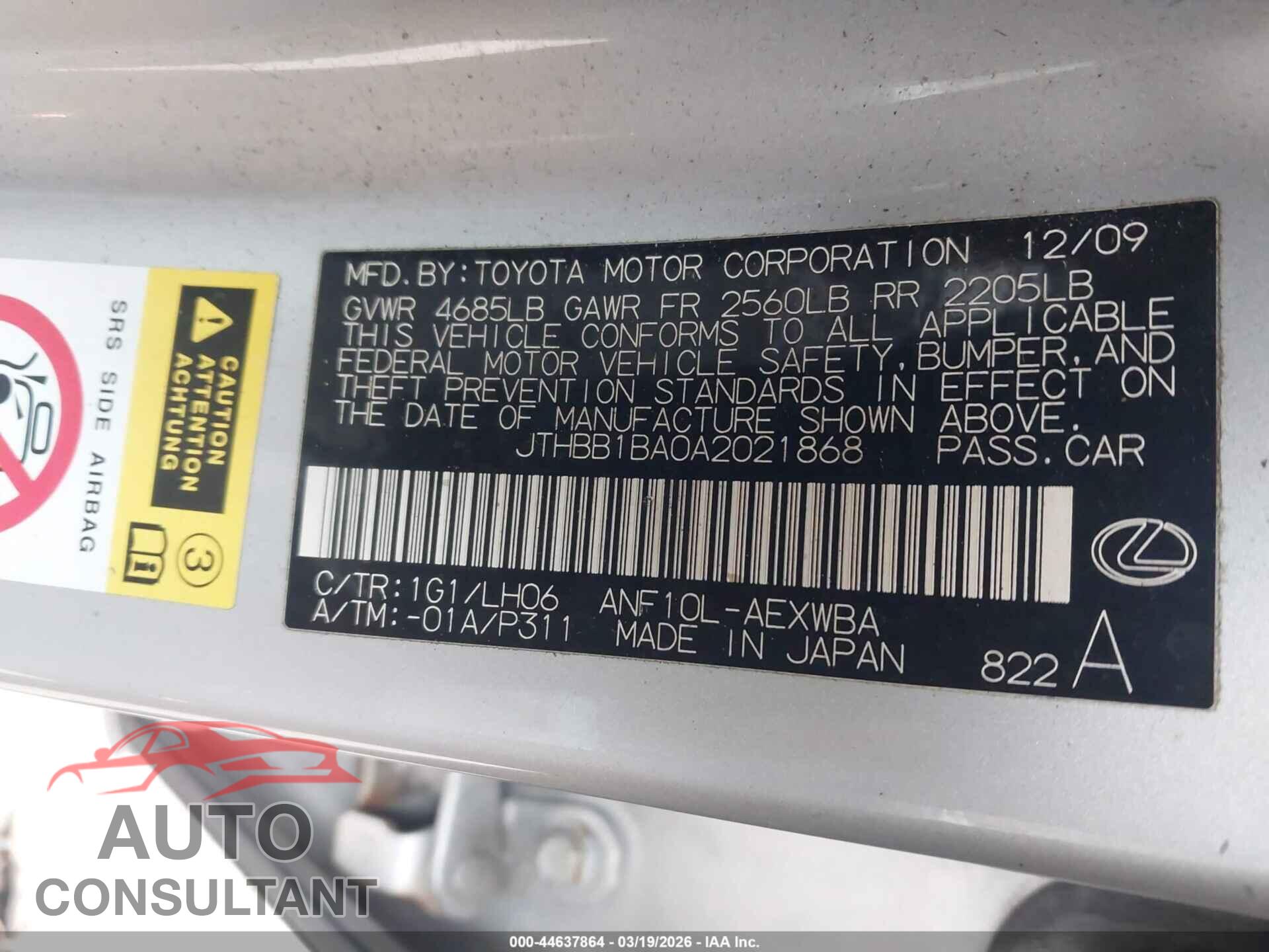 LEXUS HS 250H 2010 - JTHBB1BA0A2021868