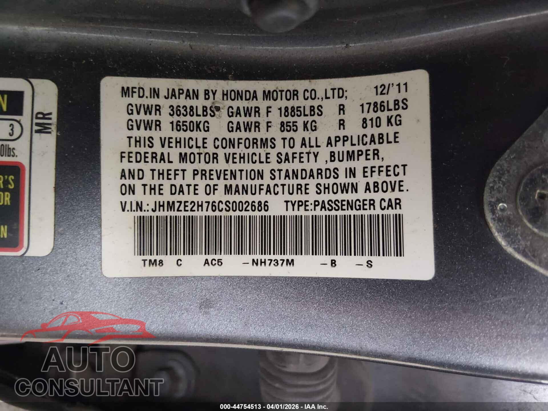 HONDA INSIGHT 2012 - JHMZE2H76CS002686