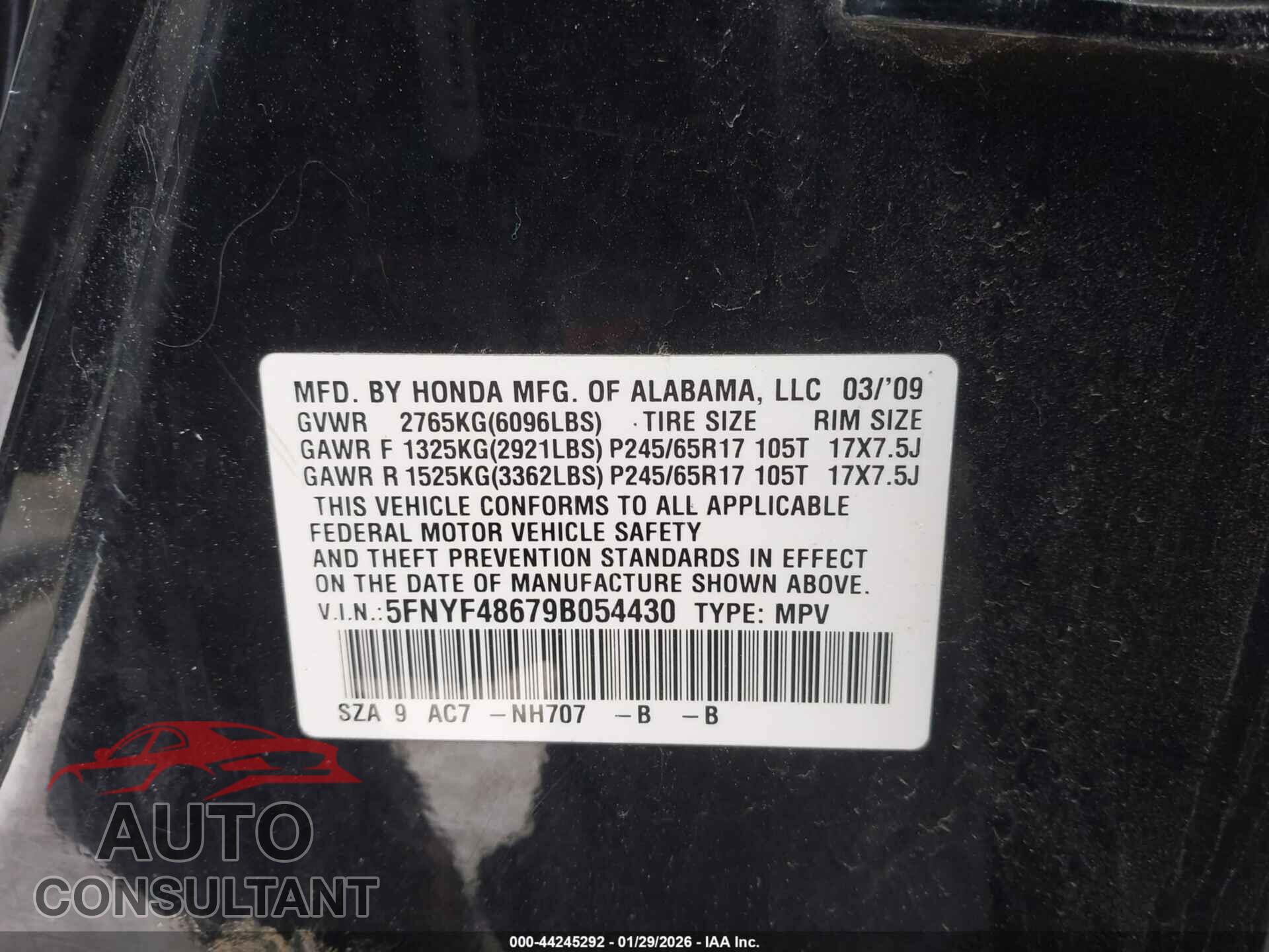 HONDA PILOT 2009 - 5FNYF48679B054430