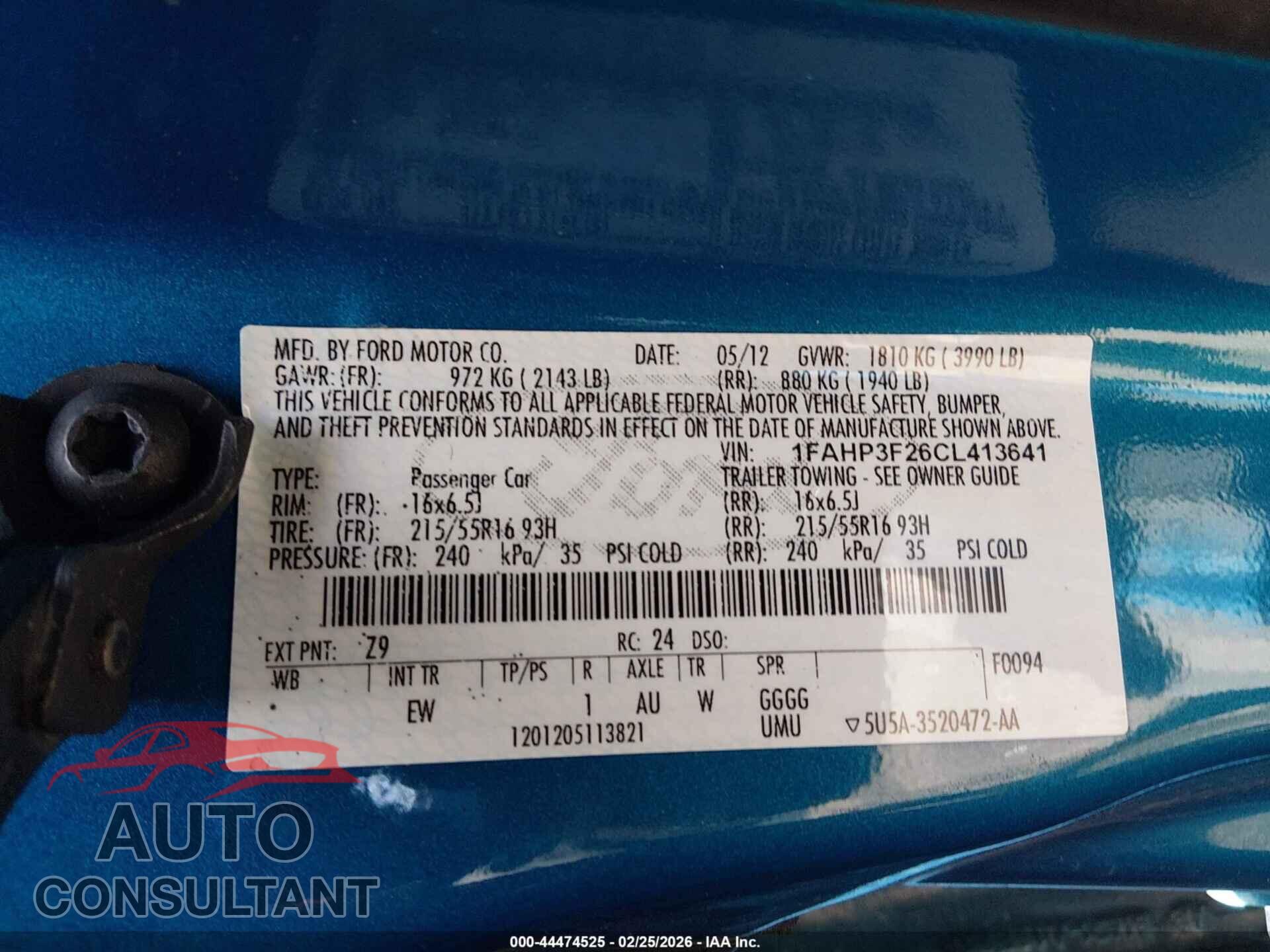 FORD FOCUS 2012 - 1FAHP3F26CL413641