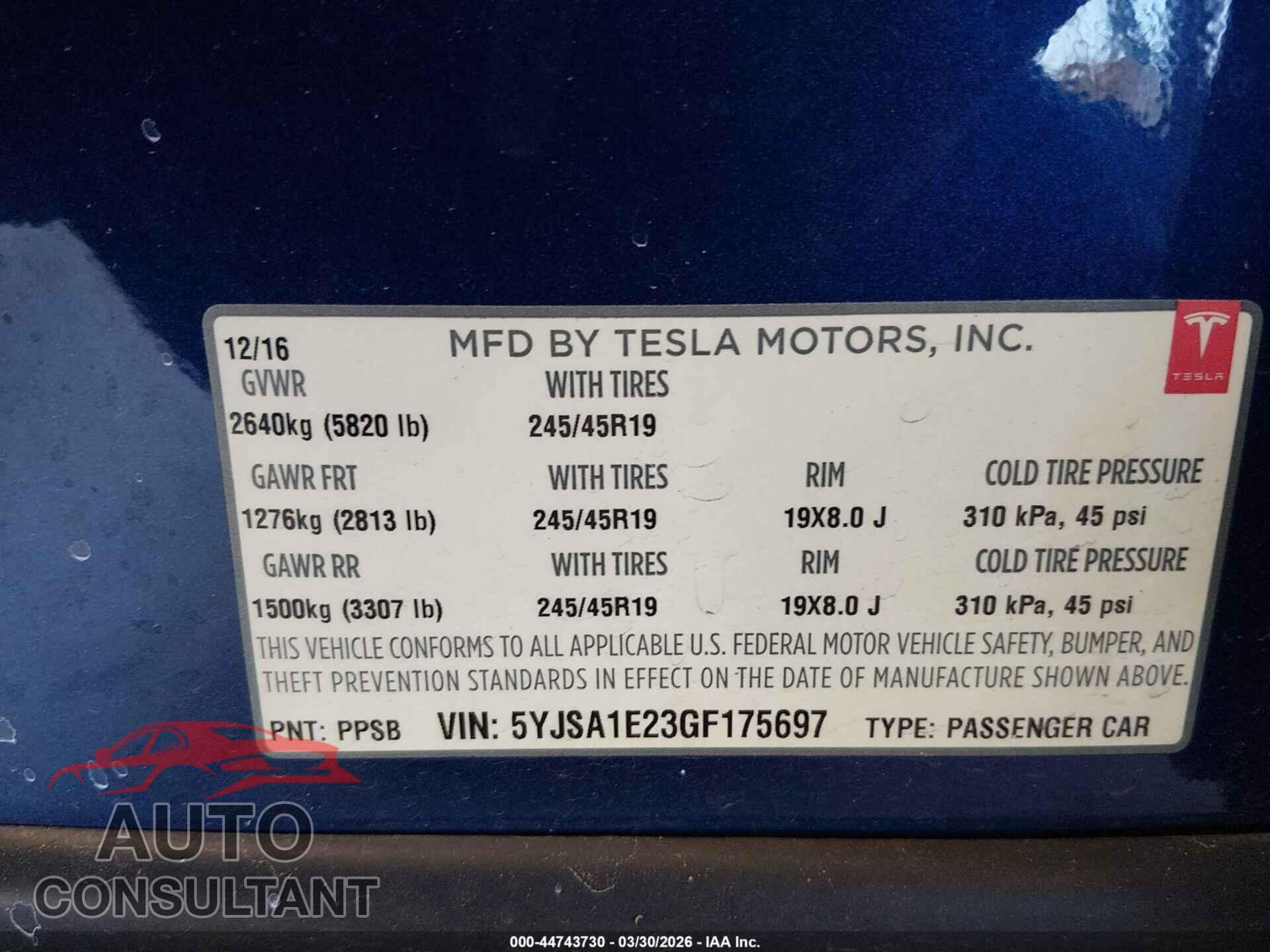 TESLA MODEL S 2016 - 5YJSA1E23GF175697
