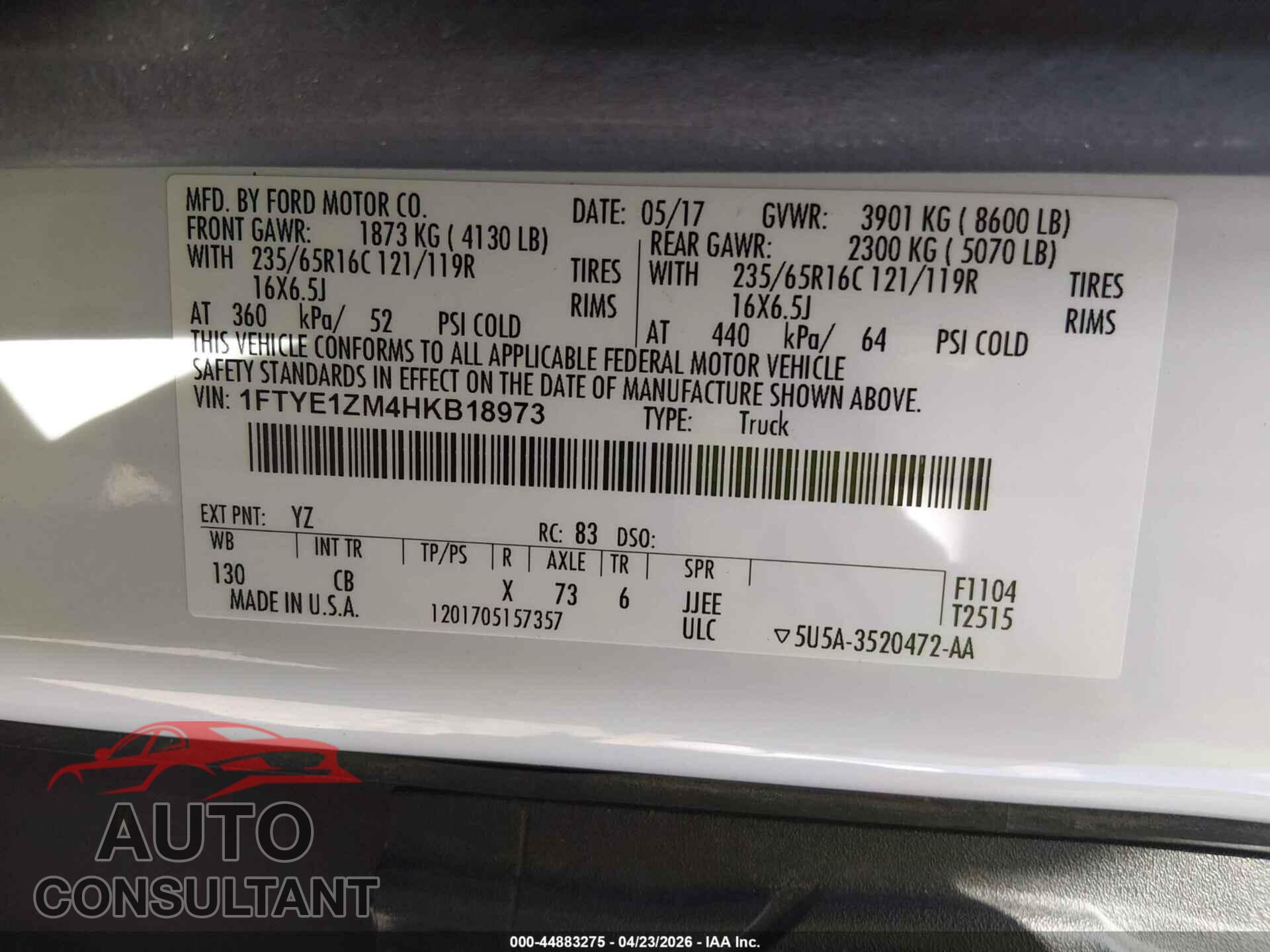 FORD TRANSIT-150 2017 - 1FTYE1ZM4HKB18973