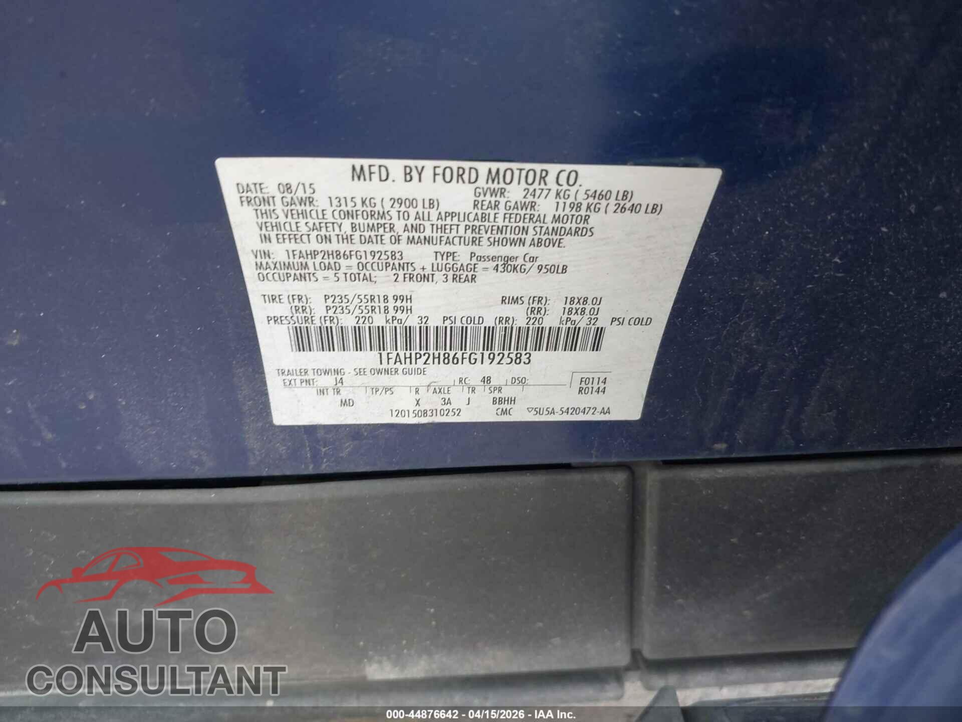 FORD TAURUS 2015 - 1FAHP2H86FG192583