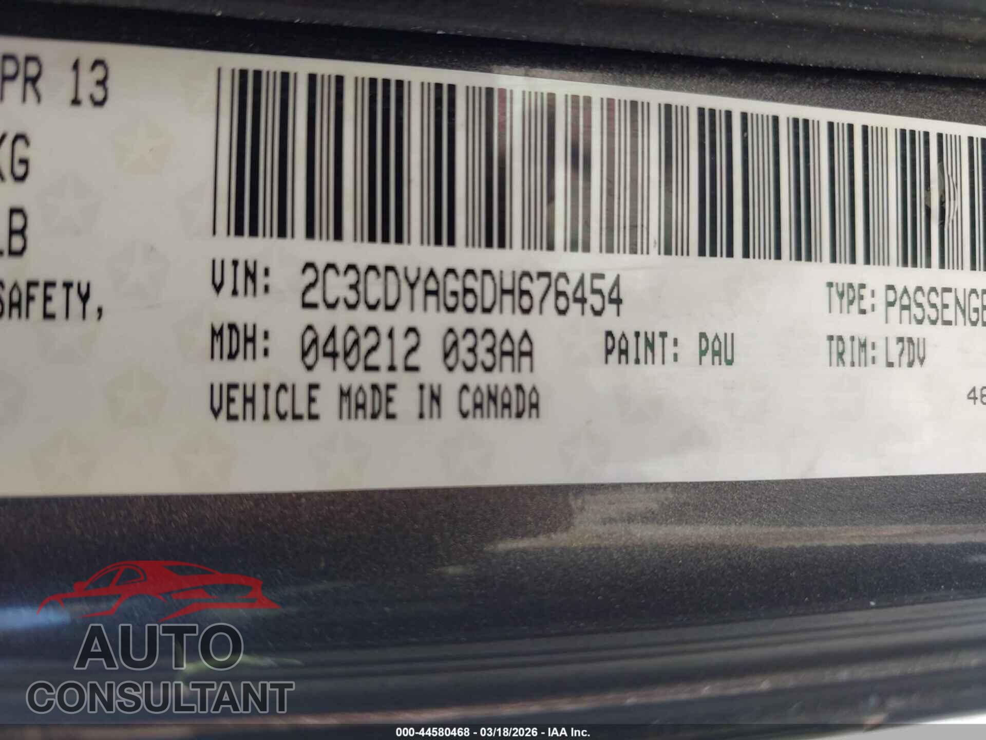 DODGE CHALLENGER 2013 - 2C3CDYAG6DH676454