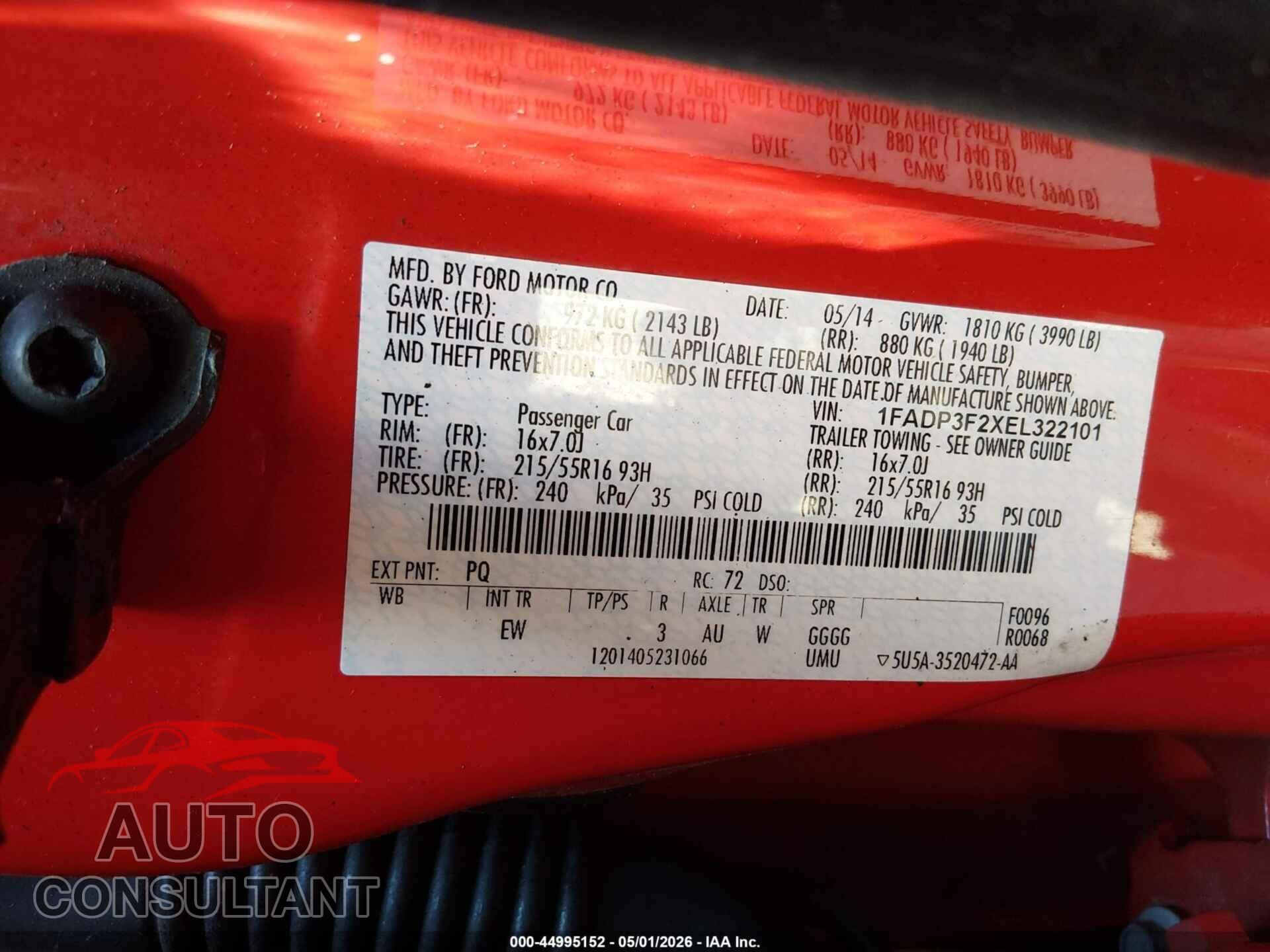 FORD FOCUS 2014 - 1FADP3F2XEL322101