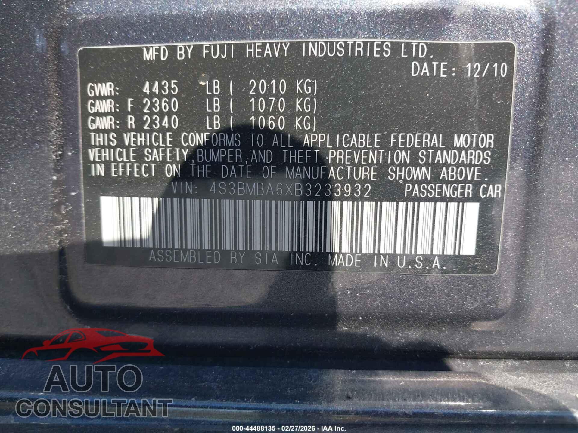 SUBARU LEGACY 2011 - 4S3BMBA6XB3233932