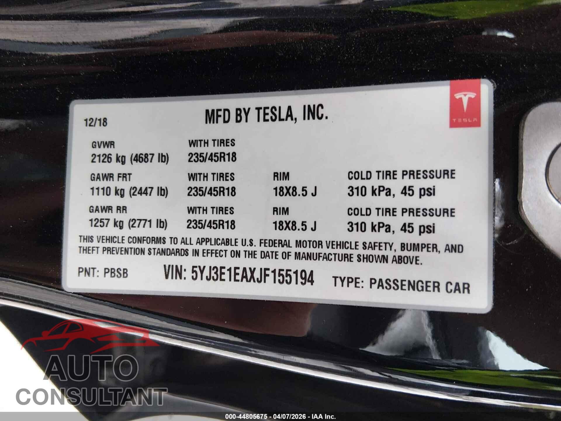 TESLA MODEL 3 2018 - 5YJ3E1EAXJF155194