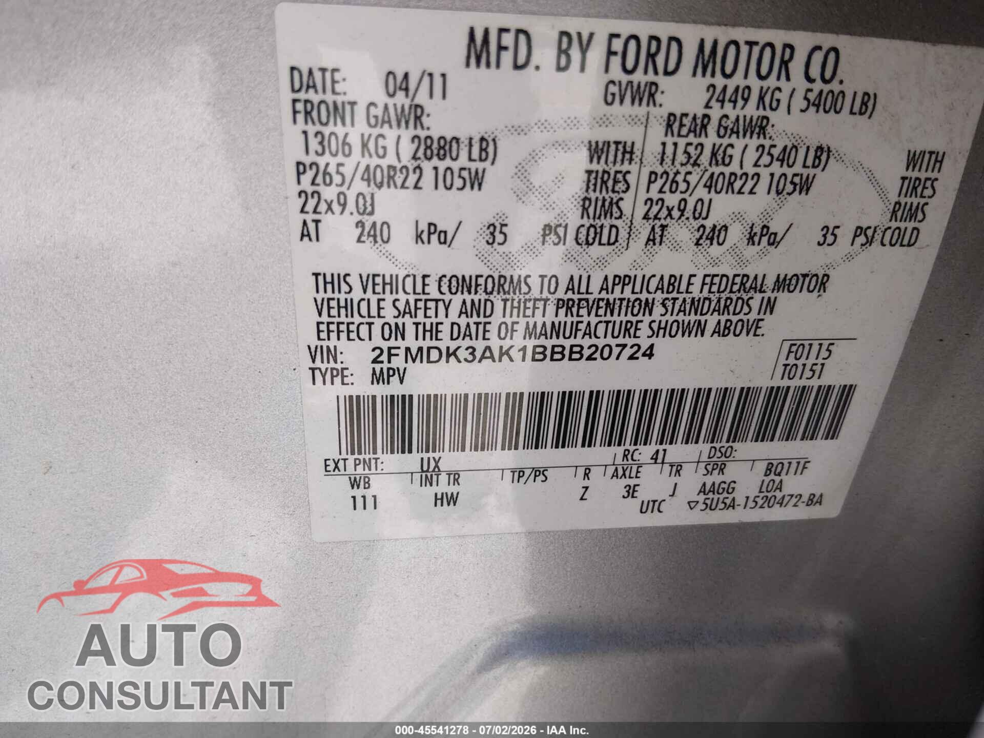 FORD EDGE 2011 - 2FMDK3AK1BBB20724