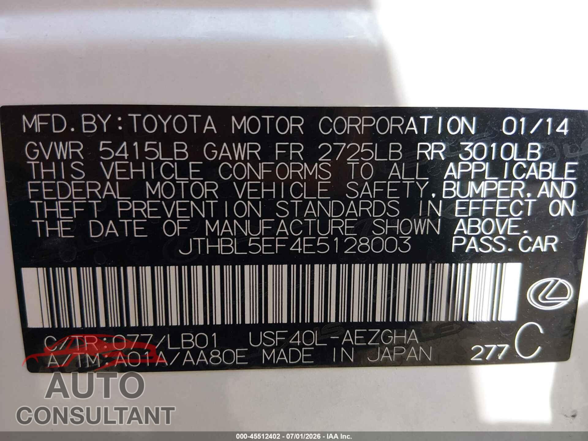 LEXUS LS 460 2014 - JTHBL5EF4E5128003