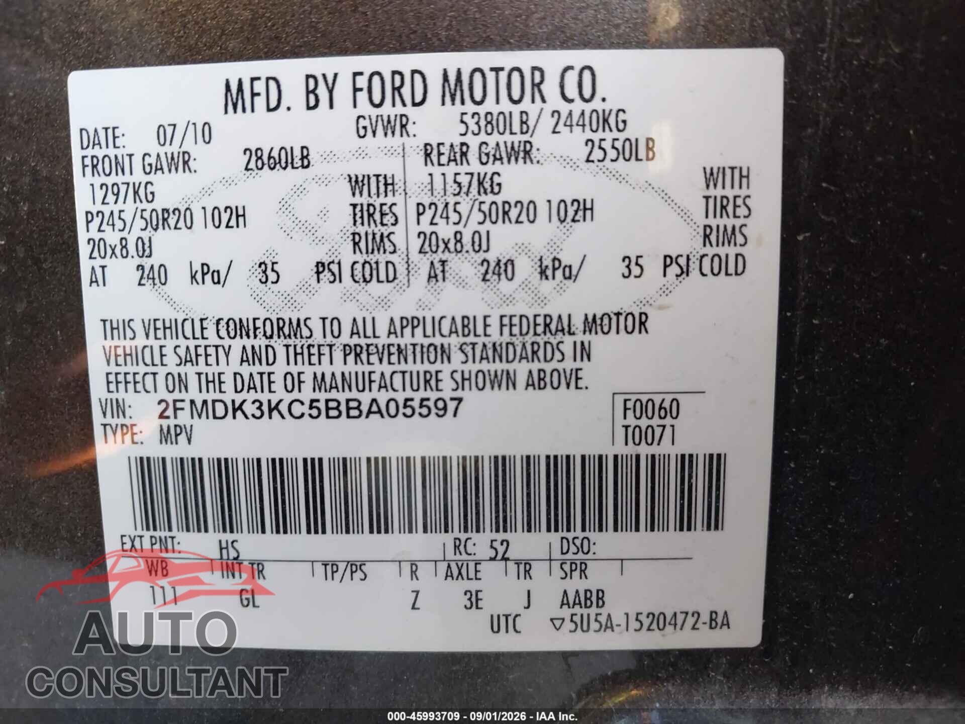 FORD EDGE 2011 - 2FMDK3KC5BBA05597