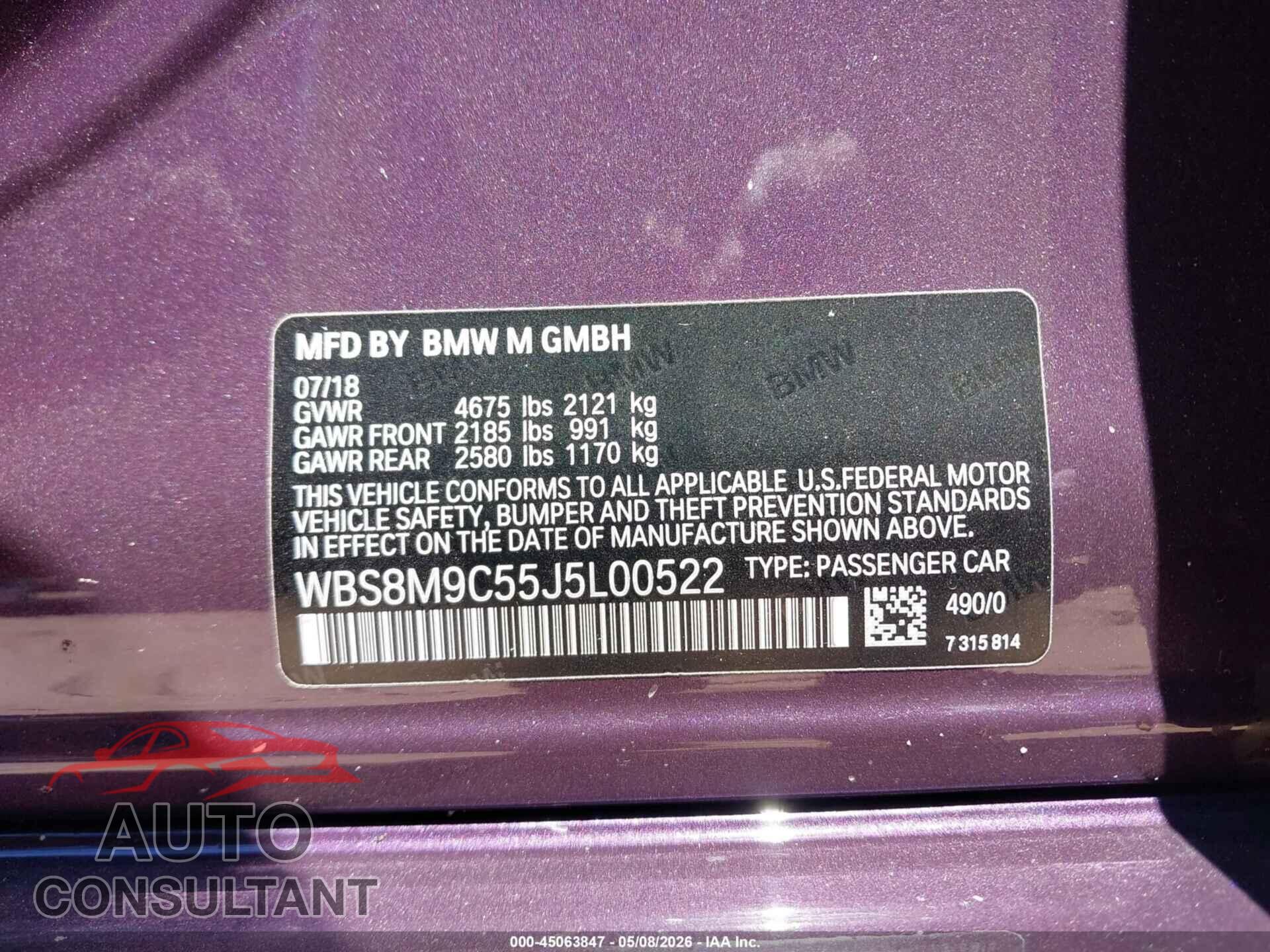 BMW M3 2018 - WBS8M9C55J5L00522